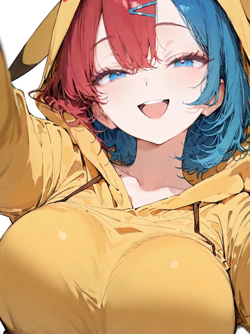 1girl, pretty girl, cute, looking at viewer, 
smile, :D, happy, light blush, pov, Pikachu hoodie girl, , blue hair, red hair clip,
upper body, white background,
masterpiece, best quality, very aesthetic, perfect eyes, symmetrical eyes, depth of field,
