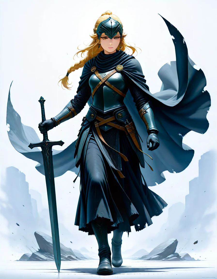 masterpiece, best_quality, very_aesthetic, highres, absurdres, ultra detailed,
, braided hairstyle, brown eyes,
<lora:negXL:0.5>
<lora:Watercolor_fantasy_IL_MIX:1> watercolor, traditional media, painting \(medium\),, grey-blue eye, Blonde hair flaps (Haubergeon),An armor made of shorter chainmail shirt Graceful Silver Earring, full body, , gradient background, , blurry foreground, ,depth of field