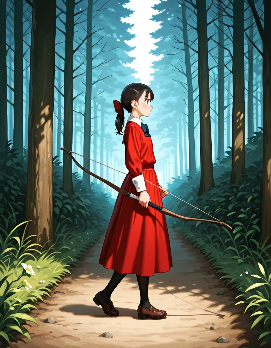 <lora:Better Bows v2_epoch_10:1>, bow, simple bow, holding bow, 1girl, walking, forest, side view, (front view:0.8)
