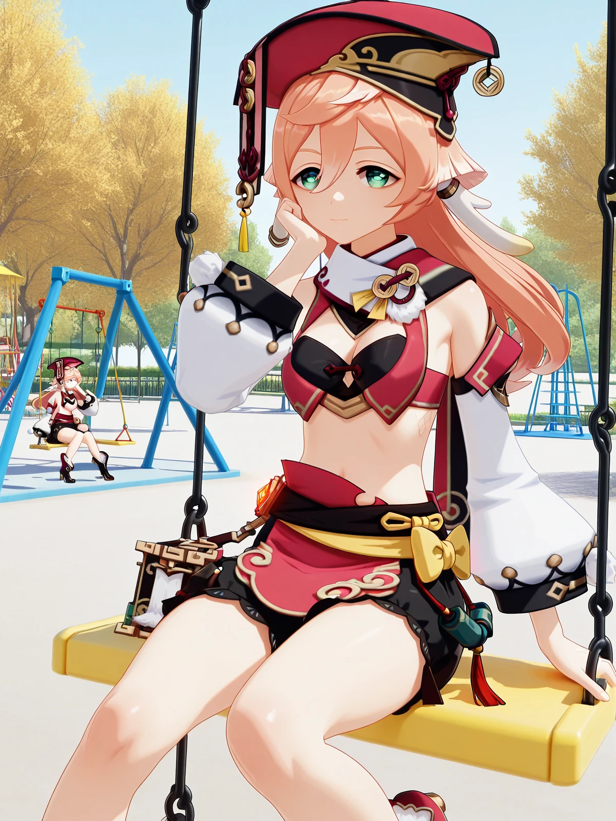 masterpiece, best quality, amazing quality,, <lora:genshin-yanfei-ingame-illustriousxl-lora-nochekaiser:1>, yanfei, yanfei (genshin impact), antlers, horns, pink hair, long hair, hair between eyes, green eyes, mature female, medium breasts, 3d, black bra, black shorts, boots, bow, bra, high heels, long sleeves, midriff, navel, red headwear, red skirt, red vest, shorts, skirt, two-tone footwear, vest, yellow bow,, sitting, head rest, table,, public park, playground, swing set, laughter, sunny day, cowboy shot, solo, looking at viewer,