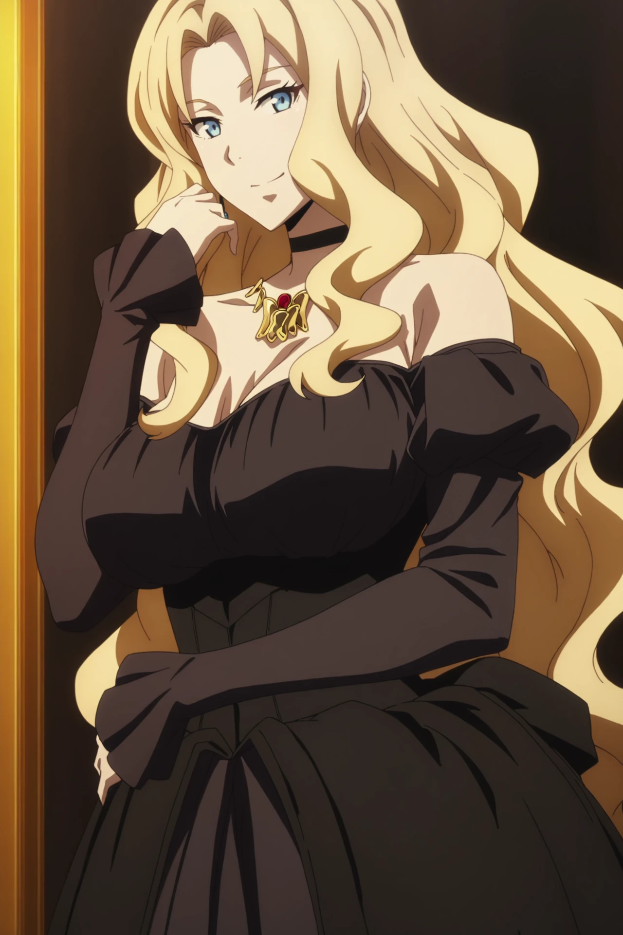 source_anime, anime coloring, masterpiece, looking at viewer,
<lora:Marrine_Kreische-10:1> marrine_kreische, 1girl, solo, long hair, blonde hair, dress, black dress, bare shoulders, anime coloring, jewelry, large breasts, necklace, blue eyes, wavy hair, choker, long sleeves, cleavage, off-shoulder dress, smile,