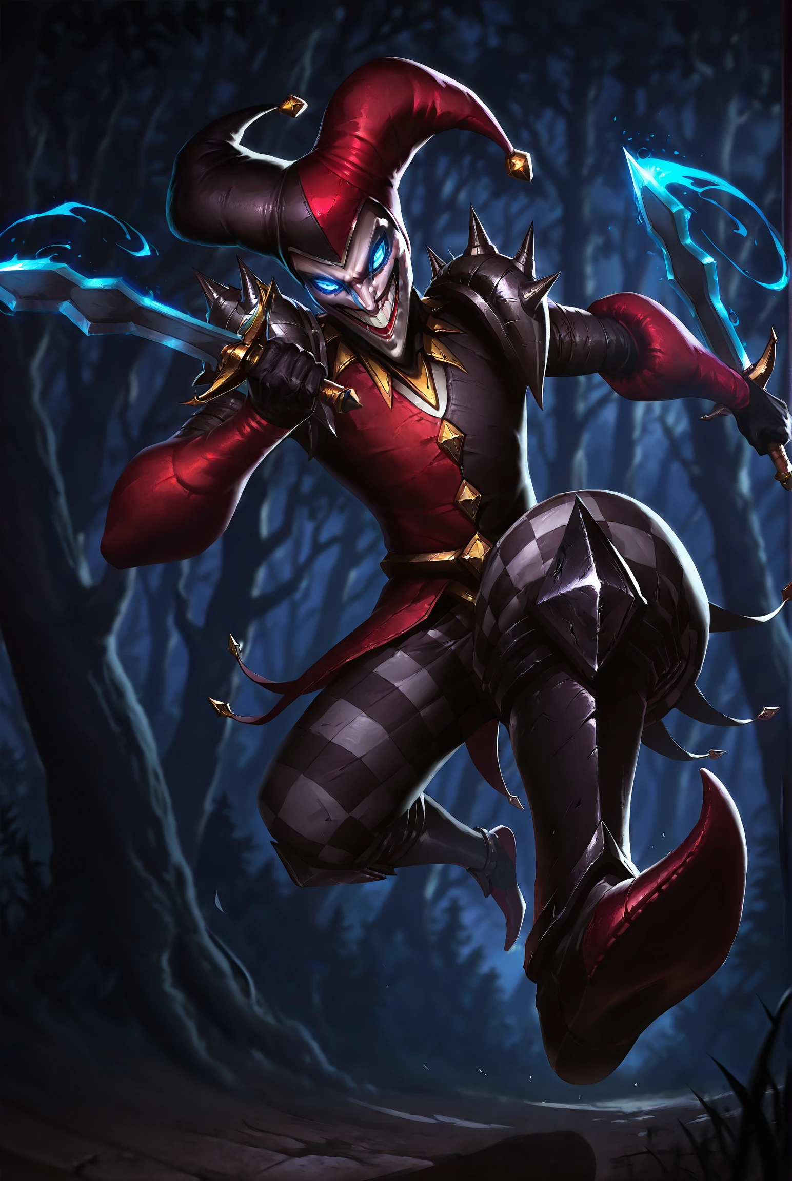 very awe,aesthetically pleasing,masterpiece,best quality,amazing quality,very aesthetic,ultra-detailed,high resolution,8k,1boy,solo,male focus,detailed face,spikes,blue eyes,glowing eyes,armor,hat,jester cap,teeth,smile,red clothes,gloves,dagger,knife,holding weapon,dual wielding,perspective,depth of field,dynamic pose,shadow,forest,dark,night,<lora:add-detail-xl:1>,<lora:shako lol:0.8>,shac0 lol,<lora:League_of_Legends__illustrious-XL:0.5>,