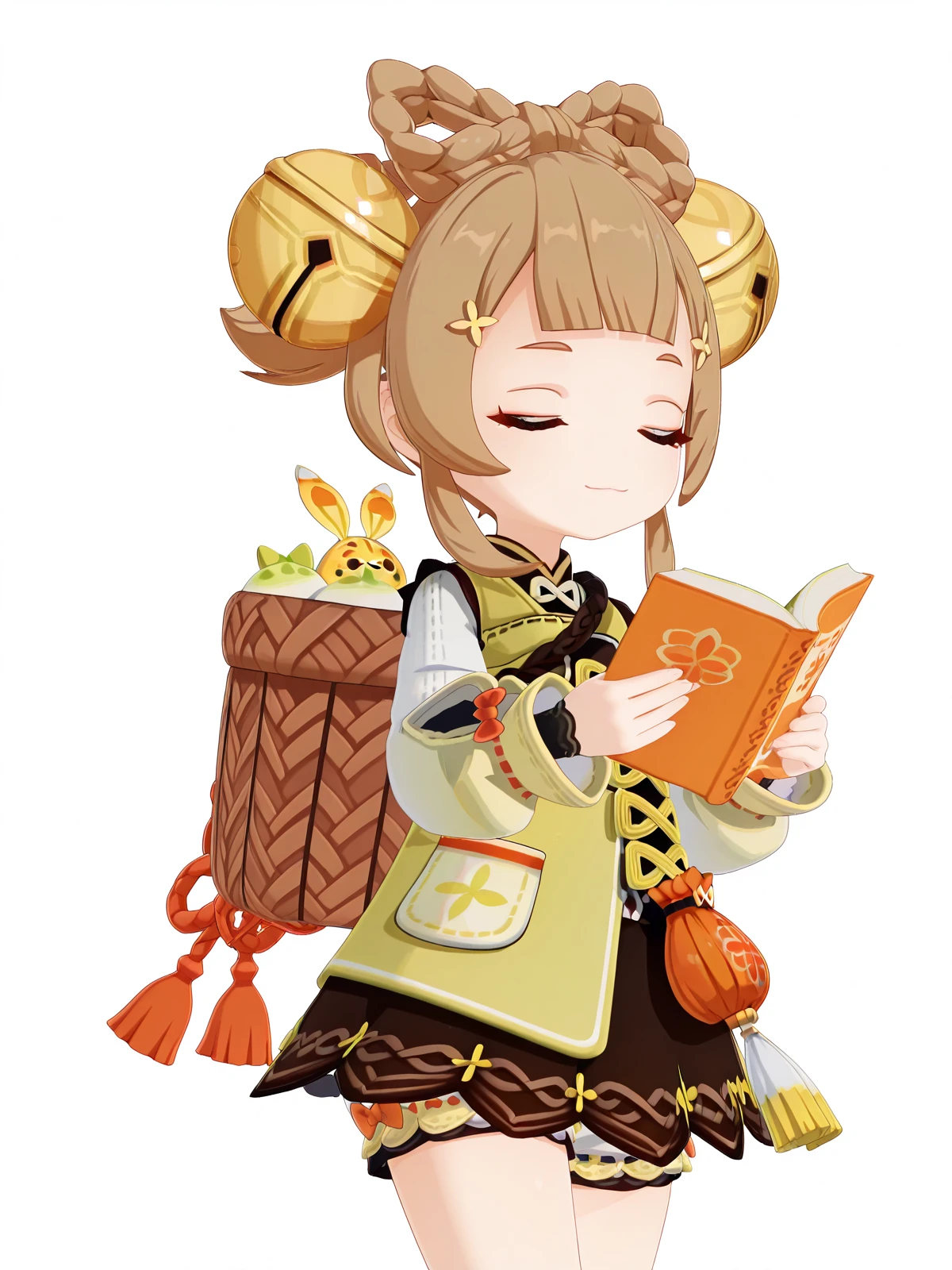 masterpiece, best quality, amazing quality,, <lora:genshin-yaoyao-ingame-illustriousxl-lora-nochekaiser:1>, yaoyao, yaoyao (genshin impact), brown hair, hair ornament, brown eyes, braid, sidelocks, blunt bangs, bell, jingle bell, hair bell, bow-shaped hair, 3d, long sleeves, dress, jacket, puffy sleeves, fur trim, chinese clothes, puffy long sleeves, bloomers, white bloomers,, <lora:zui-zui-dance-illustriousxl-lora-nochekaiser:1>, zui zui dance, dancing, closed eyes, smile, cowboy shot,, airport, waiting area, suitcase, flight delayed, passengers, reading book, cowboy shot, solo, looking at viewer, <lora:transparent-background-illustriousxl-lora-nochekaiser:1>, transparent background, simple background, white background