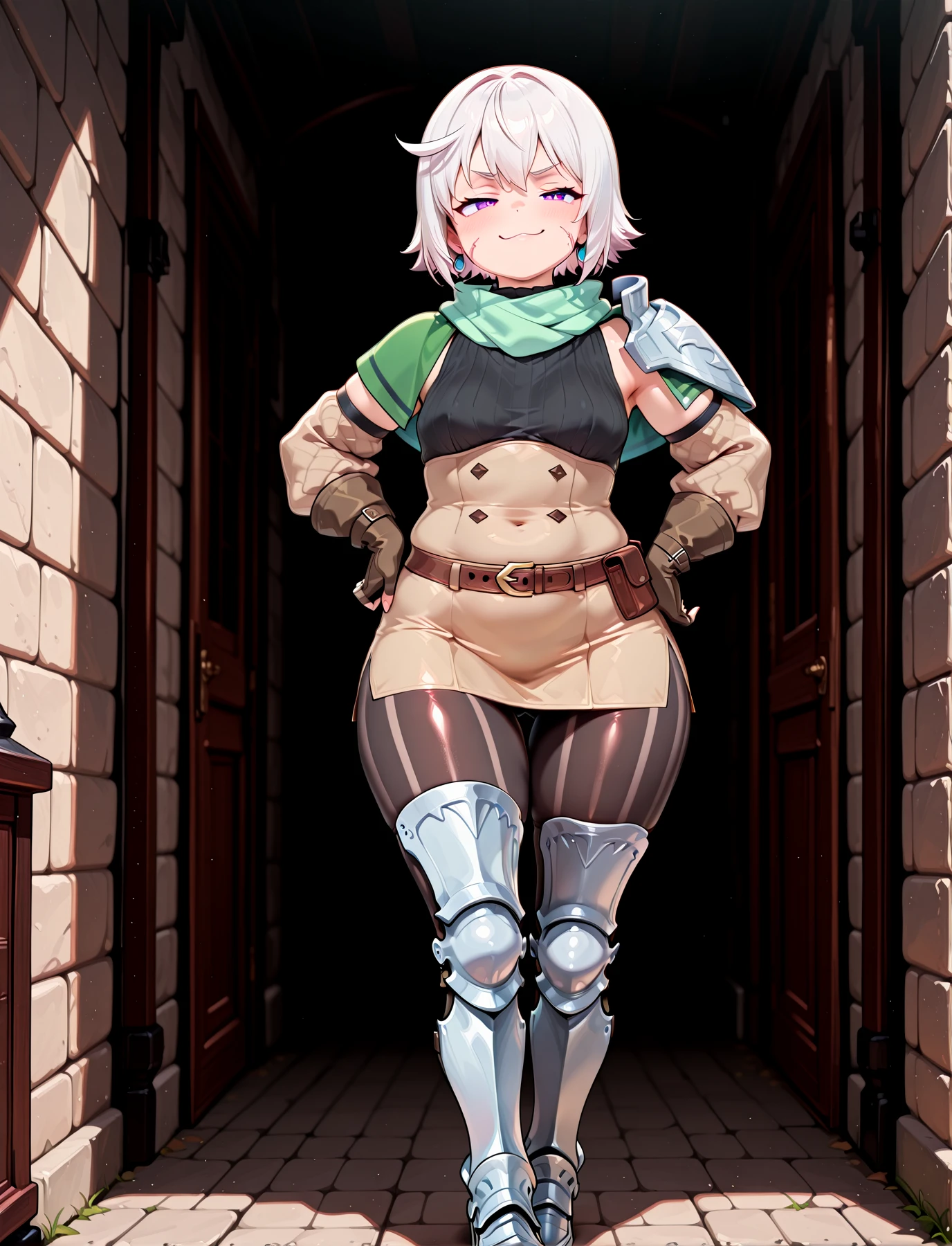 <lora:LECO-mature_female_XL(ill)v11:1> , <lora:Curvier:1>plump, thick thighs, wide hips, curvy, thigh gap,
<lora:AwakeningMercenary:0.8> AwaMerc, light brown short dress, underbust, black sweater, sleeveless dress, detached sleeves, light brown sleeves, brown belt, fingerless gloves, brown gloves, single pauldron, black pantyhose, vertical-striped leggings, armored legs, white armored boots
<lora:Chris:1> short hair, scar on cheek, purple eyes, white hair, black gloves, shorts, scarf, jewelry, earrings, belt, midriff, green capelet, white thighhighs,
full body, hand on own hip, smug, IllusP0s, masterpiece, best quality, amazing quality, very aesthetic, absurdres, newest, Smooth_Quality