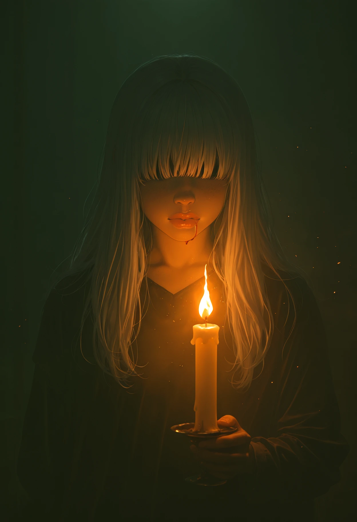 masterpiece, best quality, amazing quality, dynamic angle, upper body, 1girl, plump lips, thick lips, big lips, fat lips, solo, long hair, Holding a burning candle, looking away, white hair, blunt bangs, nosebleed, blood drip, hair covering eyes, hair over eyes, plump lips, closed mouth, freckles, bangs, standing, dark castle, dark, night, flame glow, embers, dust, dark theme, sidelighting, partially illuminated, dim lighting, <lora:IL\kms_lighting_rename_later_IL_v02-000003:1>