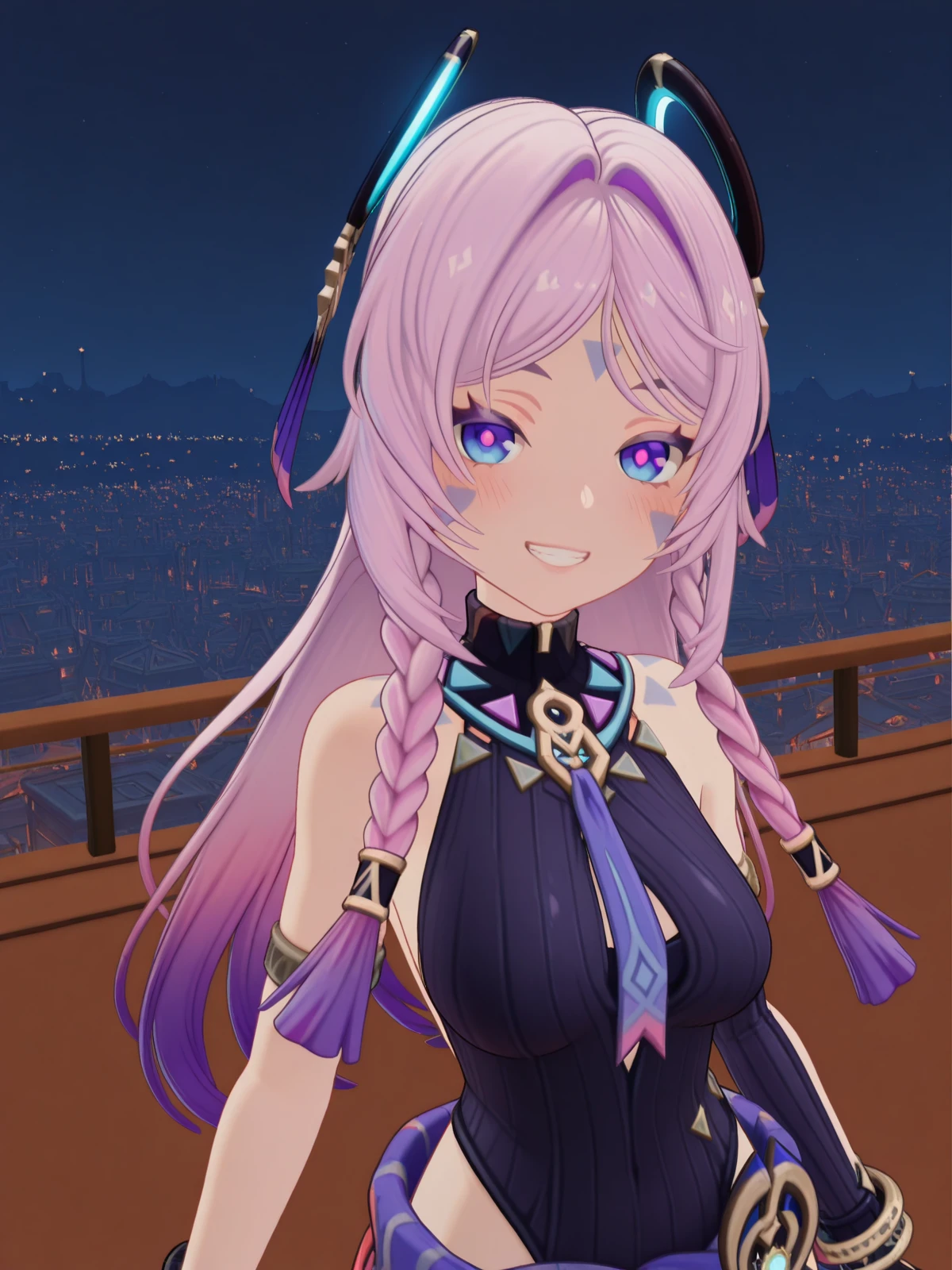 masterpiece, best quality, amazing quality,, <lora:genshin-citlali-ingame-illustriousxl-lora-nochekaiser:1>, citlali, citlali (genshin impact), blue eyes, braid, pink hair, facial mark, forehead mark, long hair, pink pupils, purple hair, gradient hair, hair ornament, twin braids, mature female, medium breasts, 3d, black leotard, fingerless gloves, gloves, leotard, purple skirt, ribbed leotard, hip vent, turtleneck, bare shoulders, necktie, detached , <lora:gyaru-v-illustriousxl-lora-nochekaiser:1>, gyaruv, solo, looking at viewer, blush, smile, upper body, teeth, grin, v,, city skyline, rooftop view, night time, city lights, quiet reflection, cowboy shot, solo, looking at viewer,