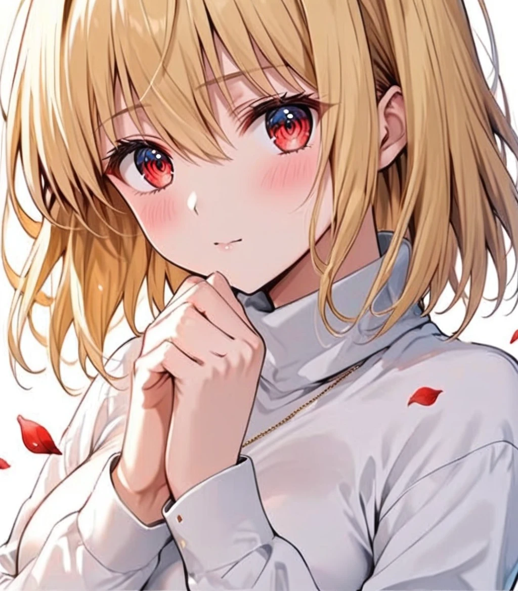 O,1girl, arcueid brunestud, solo, red eyes, blonde hair, looking at viewer, breasts, blush, short hair, upper body, bangs, closed mouth, long sleeves, fingernails, petals, jewelry, white sweater, turtleneck, white background, necklace, sweater, hair intakes, large breasts, simple background, own hands together, medium breasts, hair between eyes