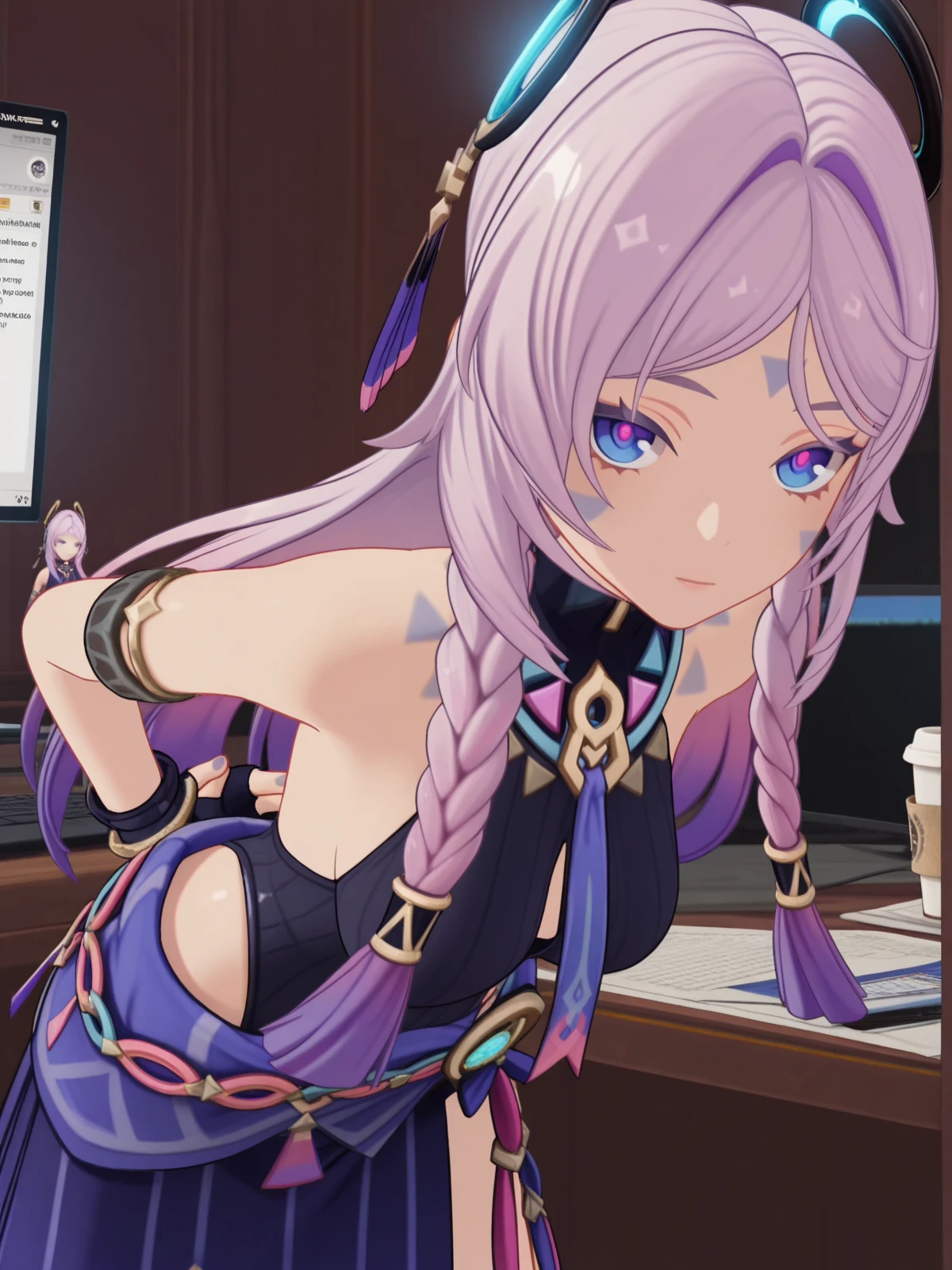 masterpiece, best quality, amazing quality,, <lora:genshin-citlali-ingame-illustriousxl-lora-nochekaiser:1>, citlali, citlali (genshin impact), blue eyes, braid, pink hair, facial mark, forehead mark, long hair, pink pupils, purple hair, gradient hair, hair ornament, twin braids, mature female, medium breasts, 3d, black leotard, fingerless gloves, gloves, leotard, purple skirt, ribbed leotard, hip vent, turtleneck, bare shoulders, necktie, detached , hands behind back, bent over,, home office, working from home, computer screen, coffee cup, focus, deadline, cowboy shot, solo, looking at viewer,
