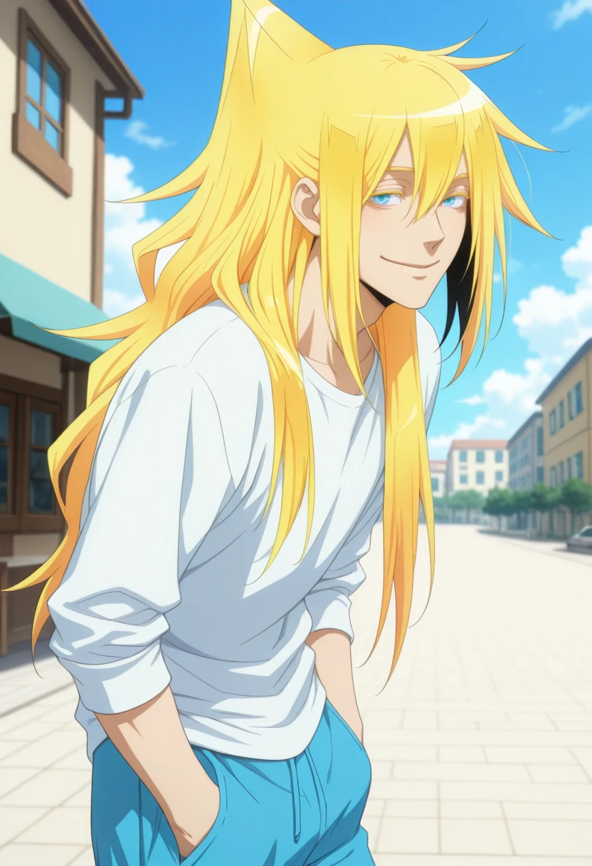 very awa, masterpiece, best quality, absurdres, newest, perfect quality, detailed background, intricate details,
<lora:ILMIMTW4kas4:1.0>
MIMTW4kas4, blonde hair, 1boy, male focus, blue eyes, long hair, colored eyelashes, high ponytail, male focus, smile, hands in pockets, outdoors, building, blue sky, day, leaning forward, cloud, closed mouth