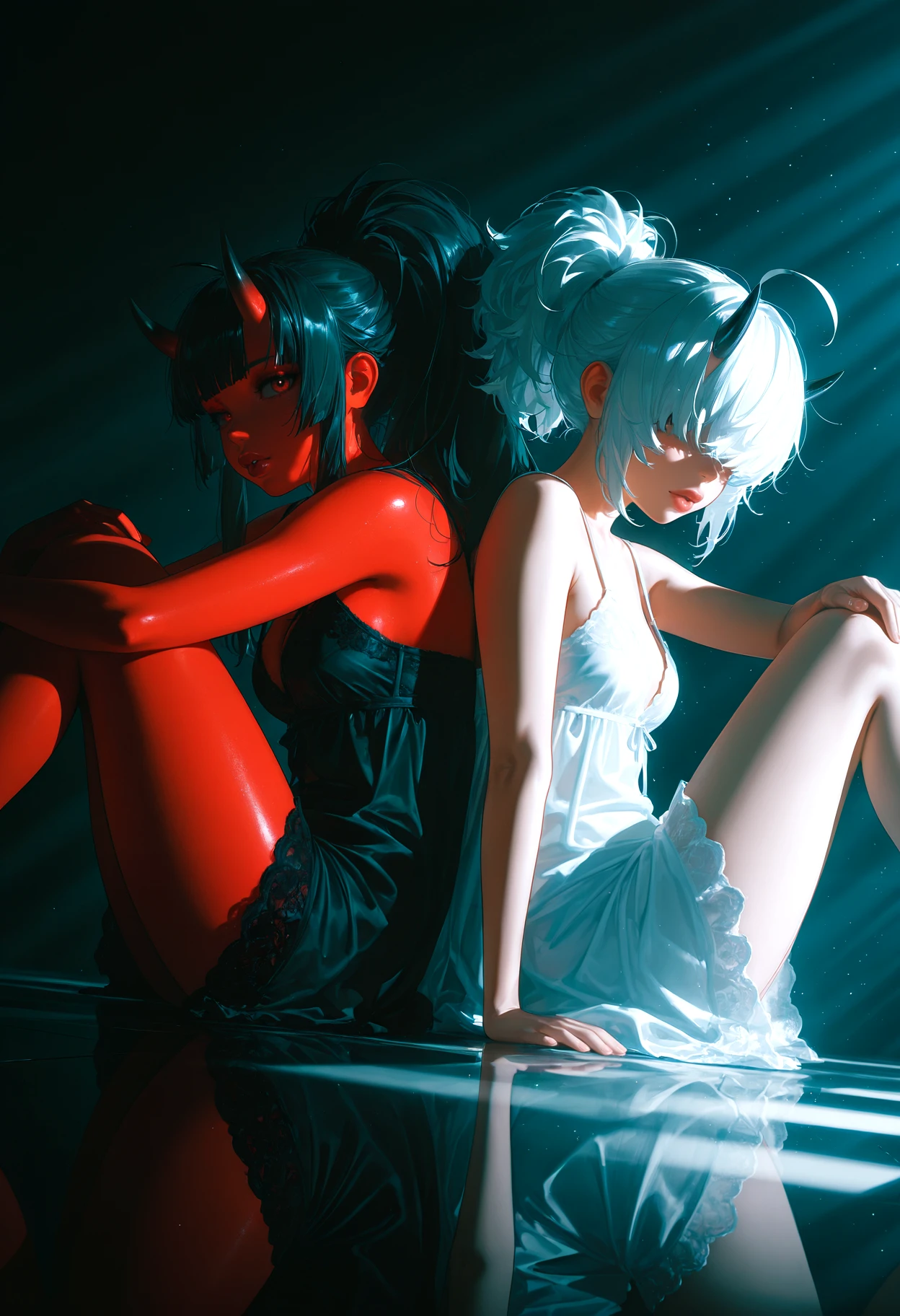 lightrays, chiaroscuro, dynamic angle, sexy, slutty, hot, aroused, Aka-Oni, oni, colored skin, red skin, smooth horns, black horns, 2 females,back-to-back,looking at viewer, left side, white hair,white lingerie right side,dark skin,black hair,layered hair, voluminous hair, layered hime-cut, long hair, ahoge, bangs, hair over eyes, hair covering eyes, big hair, sidelocks, short hair, ponytail, messy hair, black lingerie, Bilaterally symmetrical, perfect symmetrical pose, ((reflective floor)), background, ((split-color theme)), white,black ,perfect split-color, eyelashes, erotic, looking seductive, coy, plump lips, thick lips, big lips, fat lips, glowing, light particles, sunlight, sunbeam, dappled sunlight, crack of light, backlighting, partially illuminated, <lora:IL\kms_lighting_rename_later_IL_v02-000003:1>