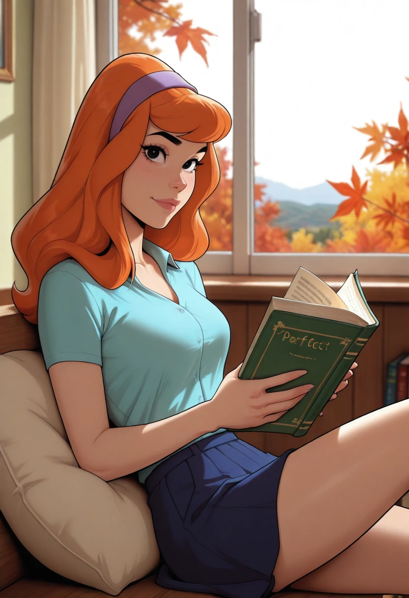 very awa, masterpiece, best quality, absurdres, newest, perfect quality, detailed background, intricate details
<lora:ILSc00byD0D4phn3:1>
Sc00byD0D4phn3, 1girl, long hair, orange hair, black eyes, hairband, looking at viewer, sunlit, reading nook, built-in window bench, scattered books and pillows, warm autumn light, knee up, hand resting on book