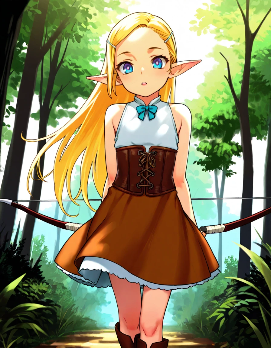 parted lips, gentle smile, sundress, half top body view, looking at viewer, solo,   masterpiece, best quality,  solo, elf girl, blond hair, long hair, blue eyes, hair ornament, pointy ears, petite girl, flat , leather corset,  parted lips, upper teeth, 
flat , slender, brown skirt, kneehigh boots, leather skirt, forest, bow \(weapon\), arrow,   sleeveless, 
 <lora:elf_happening:0.8> ,