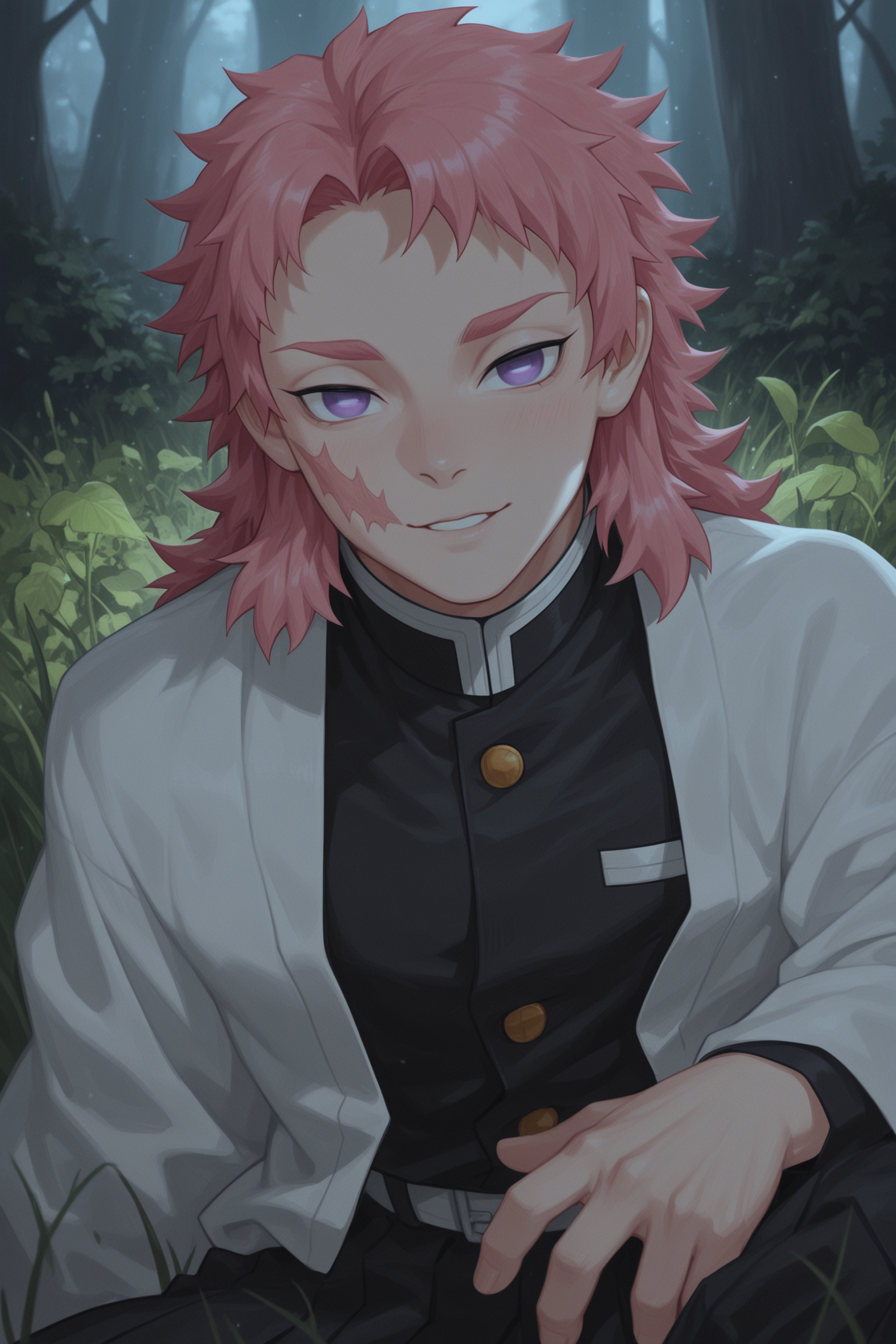 2ab1t0, 1boy, male focus, solo, pink hair, purple eyes, scar, demon slayer uniform, , field, masterpiece, best quality, amazing quality, very aesthetic, absurdres, newest, detailed background