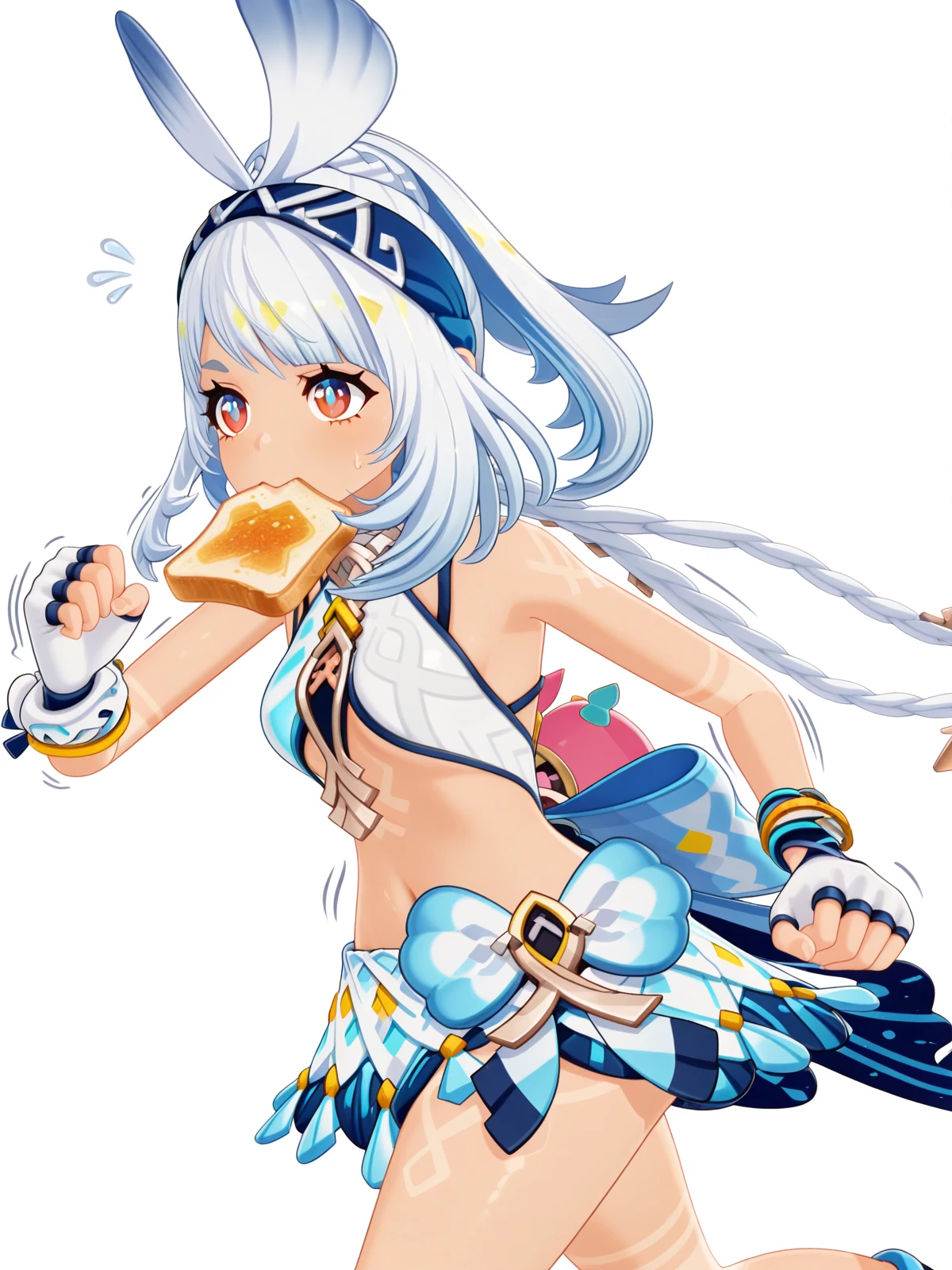 masterpiece, best quality, amazing quality,, <lora:genshin-mualani-ingame-illustriousxl-lora-nochekaiser:1>, mualani, mualani (genshin impact), long hair, red eyes, white hair, braid, tan, dark-skin, dark-skinned female, twin braids, hairband, mature female, small breasts, 3d, skirt, gloves, bow, navel, bare shoulders, midriff, crop top, fingerless gloves, , <lora:food-in-mouth-running-illustriousxl-lora-nochekaiser:1>, food in mouth running, food in mouth, running, bread, bread slice, food, toast in mouth, toast, sweatdrop, motion lines, motion blur, outdoors, feet out of frame, from side, casino, games, lights, chips, luck, cowboy shot, solo, looking at viewer, <lora:transparent-background-illustriousxl-lora-nochekaiser:1>, transparent background, simple background, white background