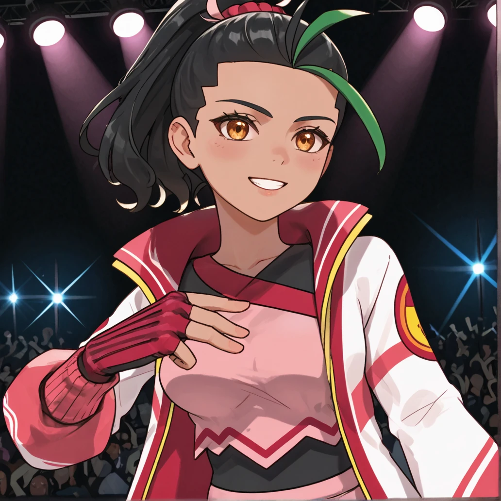 2d, masterpiece, best quality, amazing quality, highres, absurdres, newest, 1girl, solo, close up, upper body, looking at viewer, stage, spotlight, colorful, medium breasts, mature female, sygnemona, nemona \(pokemon\), orange eyes, black hair, green hair, streaked hair, ponytail, dark-skinned female, hair ornament, hair scrunchie, bodysuit under clothes, pink crop top, open jacket, multicolored jacket, white jacket, pleated skirt, pink skirt, bike shorts, black shorts, shorts under skirt, bare legs, single glove, fingerless gloves, red gloves, SCORE_9, SCORE_8_UP, SCORE_7_UP