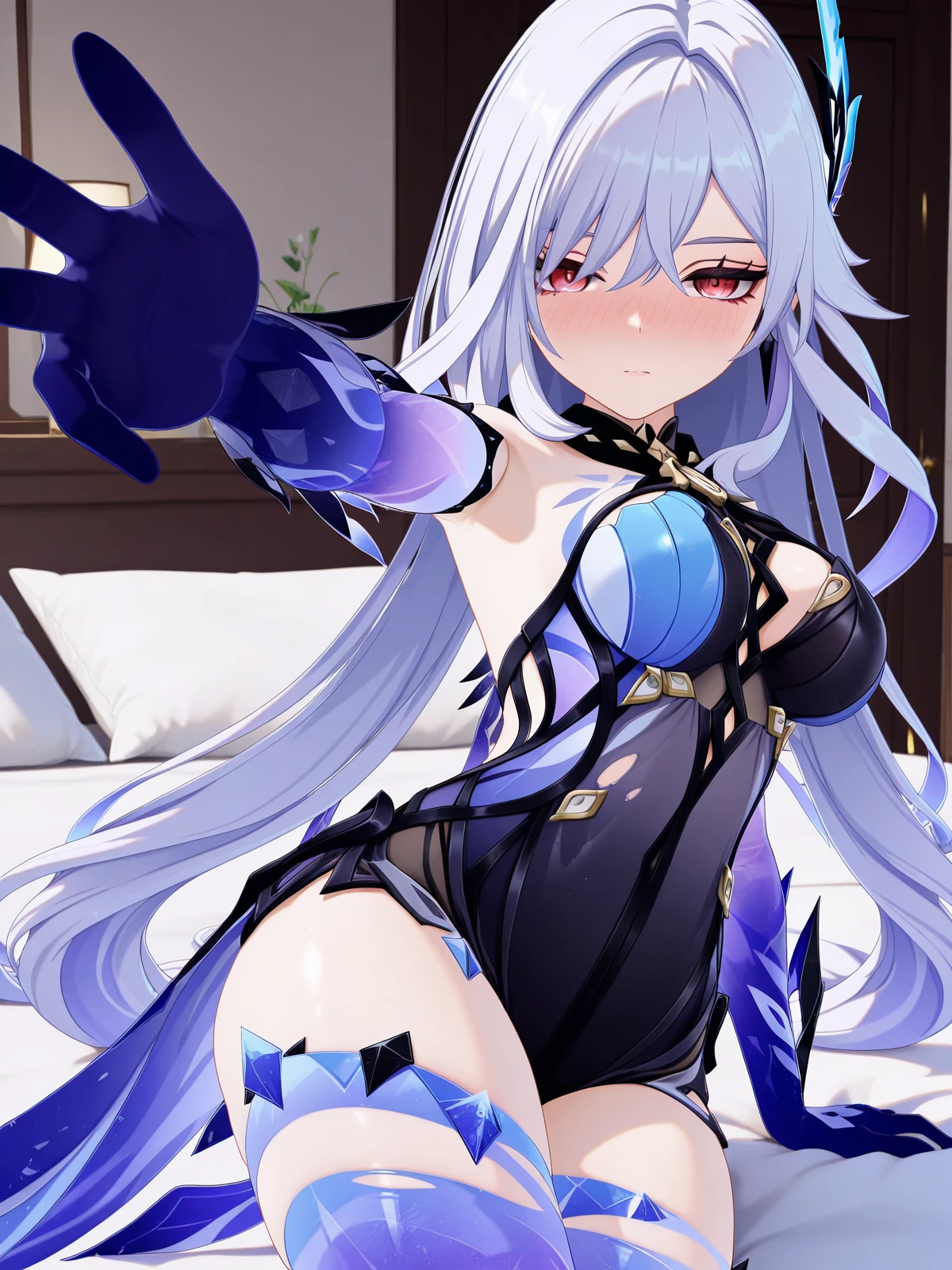 masterpiece, best quality, amazing quality,, <lora:genshin-skirk-ingame-illustriousxl-lora-nochekaiser:1>, skirk, skirt (genshin impact), long hair, bangs, hair ornament, hair between eyes, very long hair, red eyes, white hair, mature female, breasts, 3d, thighhighs, gloves, bare shoulders, black gloves, elbow gloves, leotard, clothing cutout, black leotard, two-tone leotard, blue leotard, blue thighhighs, torn clothes, coattails, zettai ryouiki,, on back, arm support, arms up, incoming hug, pov, reaching, reaching towards viewer,, indoors, bed, bedroom, on side, blush, drunk, cowboy shot, solo, looking at viewer,