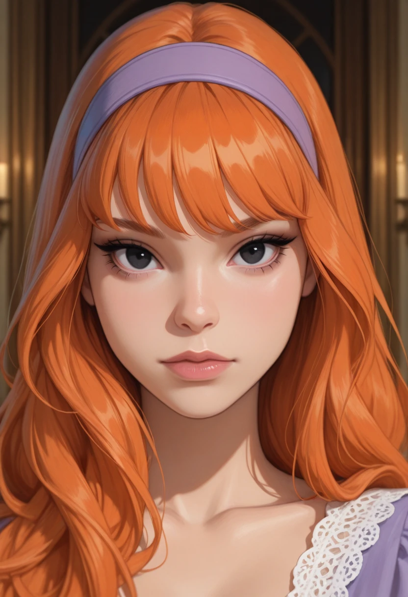 very awa, masterpiece, best quality, absurdres, newest, perfect quality, detailed background, intricate details
<lora:ILSc00byD0D4phn3:1>
Sc00byD0D4phn3, 1girl, long hair, orange hair, black eyes, hairband, looking at viewer, portrait