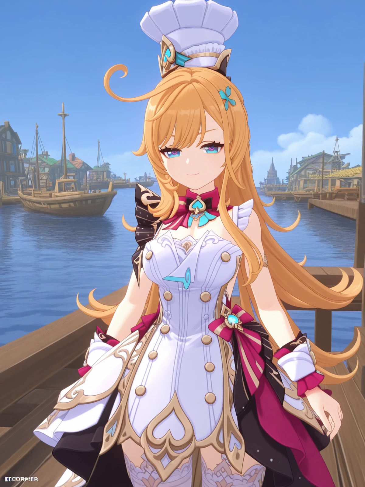 masterpiece, best quality, amazing quality,, <lora:genshin-escoffier-ingame-illustriousxl-lora-nochekaiser:1>, escoffier, escoffier (genshin impact), long hair, blue eyes, blonde hair, hair ornament, very long hair, ahoge, mature female, breasts, 3d, dress, thighhighs, hat, sleeveless, white dress, white thighhighs, wrist cuffs, white headwear, chef hat, smug, harbor, boats, water, dock, trade, cowboy shot, solo, looking at viewer,