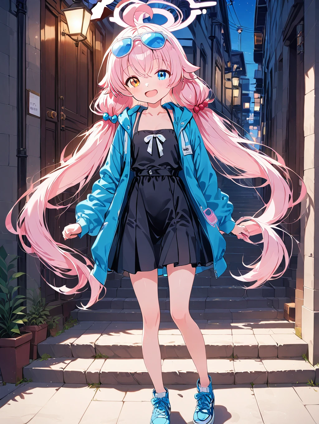 1girl,hoshino (blue archive),solo,heterochromia,long hair,ahoge,twintails,pink hair,eyewear on head,blue eyes,halo,shoes,very long hair,full body,jacket,smile,low twintails,sunglasses,looking at viewer,****,dress,open mouth,sneakers,long sleeves,standing,hair ornament,bangs,blush,open jacket,blue footwear,blue jacket,open clothes,yellow eyes,stairs,collarbone,:d,hair bobbles,black dress,hair between eyes,orange eyes,hood,