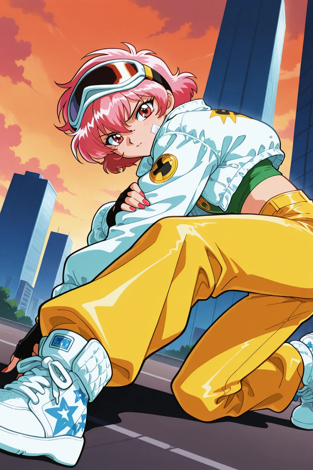 (masterpiece, best quality:1.3), top quality, insaneres, (maximalism:1.1), hyperdetailed, amazing quality, very aesthetic, hikaru1, rapper, cap, crop top, print shirt, fingernails, (quilted jacket:1.2), nail polish, fingerless gloves, pink hair, red eyes, detailed eyes, detailed hair, extremely detailed, intricate details, cargo pants, arm rest, colorful, color coordination, green shirt, yellow pants, hand on own arm, action pose, dynamic scene, action scene), bandaid on cheek, lipstick, beautiful, confident, tsurime, glaring, dramatic scene, pose, dutch angle, looking at viewer, eyelashes, soft lighting, cover page, sneakers, print sneakers, pop art background, city, sky, cloud,RAY3ARTH,1990s \(style\)