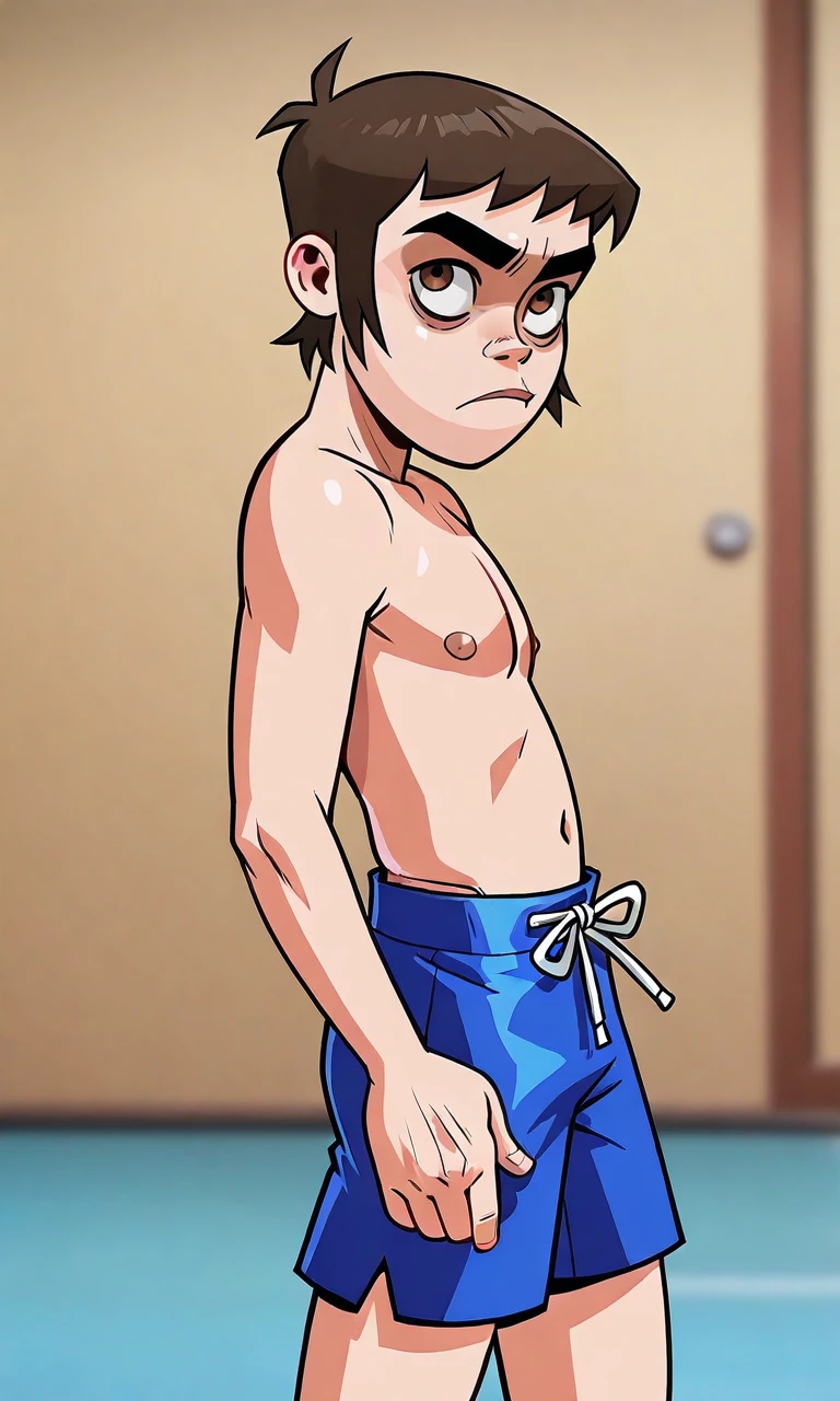 solo,G0r11l4z, artstyle,1boy,brown hair,very short hair,brown eyes,blue male swimwear