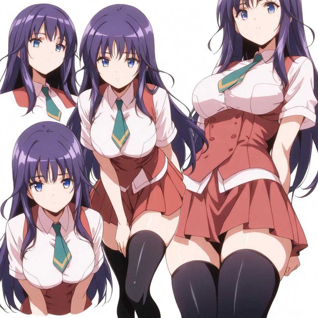 solo,anime coloring,looking at viewer,masterpiece,high score,great score,absurdres,<lora:character_Sheet_XL:0.5> character sheet, multiple views, white background,<lora:ShizuruMinase ag4o:1> shizuruminase, purple hair, long hair, blue eyes,school uniform,necktie,red skirt,black thighhighs,