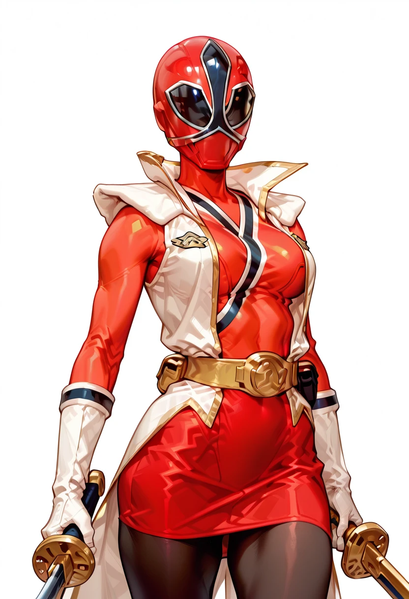 masterpiece, best quality, very aesthetic, absurdres, simple background,
BREAK 1 girl, Red_ranger_S, red , helmet, mask, black pantyhose, red skirt, straight skirt, white gloves, holding sword, white sleeveless trench coat, cowboy shot, <lora:Red_Ranger_Samurai_Illustrious:1>, <lora:AKinuNishimura_Style:1>, <lora:small_Yo0001_Illust:0.7>