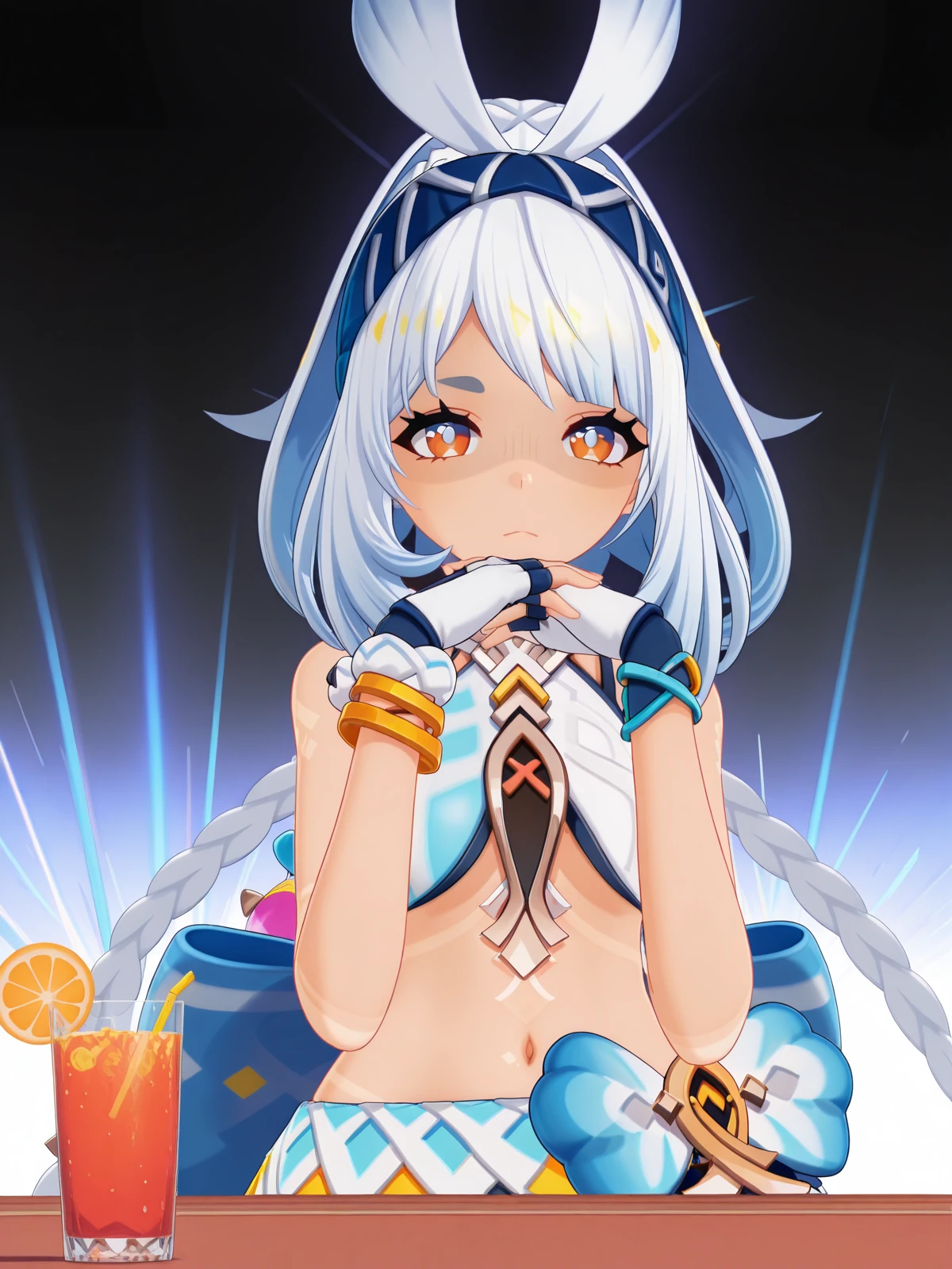 masterpiece, best quality, amazing quality,, <lora:genshin-mualani-ingame-illustriousxl-lora-nochekaiser:1>, mualani, mualani (genshin impact), long hair, red eyes, white hair, braid, tan, dark-skin, dark-skinned female, twin braids, hairband, mature female, small breasts, 3d, skirt, gloves, bow, navel, bare shoulders, midriff, crop top, fingerless gloves, , <lora:gendou-pose-illustriousxl-lora-nochekaiser:1>, gendou pose, own hands clasped, own hands together, parody, shaded face, looking at viewer, frown, elbow rest,, nightclub, lights, music, dance, drinks, cowboy shot, solo, looking at viewer, <lora:transparent-background-illustriousxl-lora-nochekaiser:1>, transparent background, simple background, white background