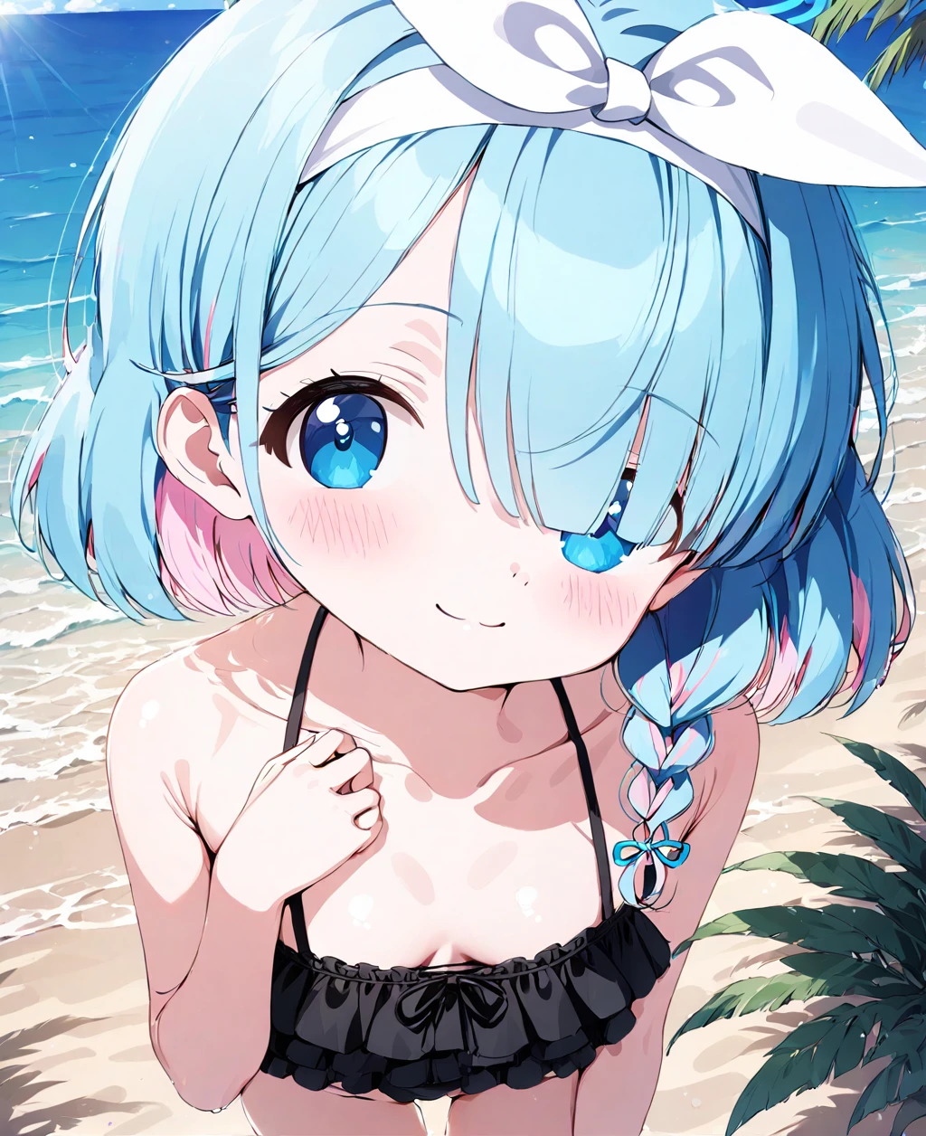 arona (blue archive),1girl, swimsuit, solo, outdoors, bikini, blue eyes, braid, blue hair, navel, beach, arona (blue archive), halo, frilled bikini, black bikini, day, frills, breasts, hairband, looking at viewer, smile, hair over one eye, cloud, tree, ocean, collarbone, sky, single braid, bare arms, bare shoulders, blush, thighs, water, stomach, short hair, hand on own chest, standing, closed mouth, hair ribbon, cleavage, blue sky, bangs, sand, ribbon, side braid, rock, sunlight