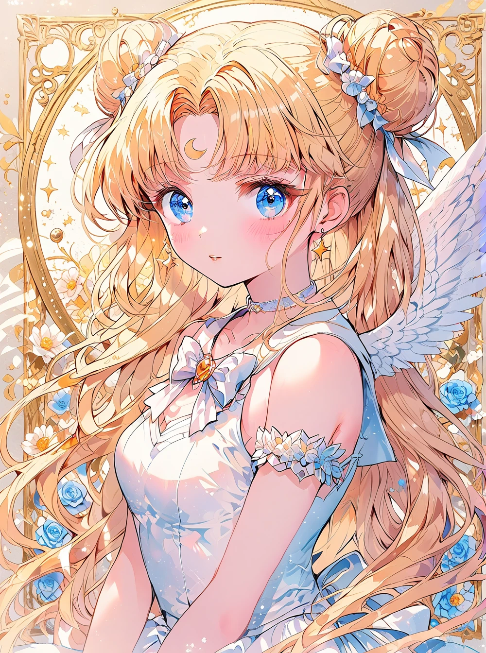 O,1girl,solo,jewelry,blonde hair,long hair,double bun,flower,hair bun,tsukino usagi,earrings,parted bangs,twintails,blue eyes,looking at viewer,sailor collar,red flower,bangs,choker,crescent,dress,wings,white dress,collarbone,crescent earrings,very long hair,sleeveless,bracelet,bow,blush,bare shoulders,sailor senshi uniform,upper body,closed mouth,breasts,white choker,facial mark,hair ornament,brooch,parted lips,white bow,
