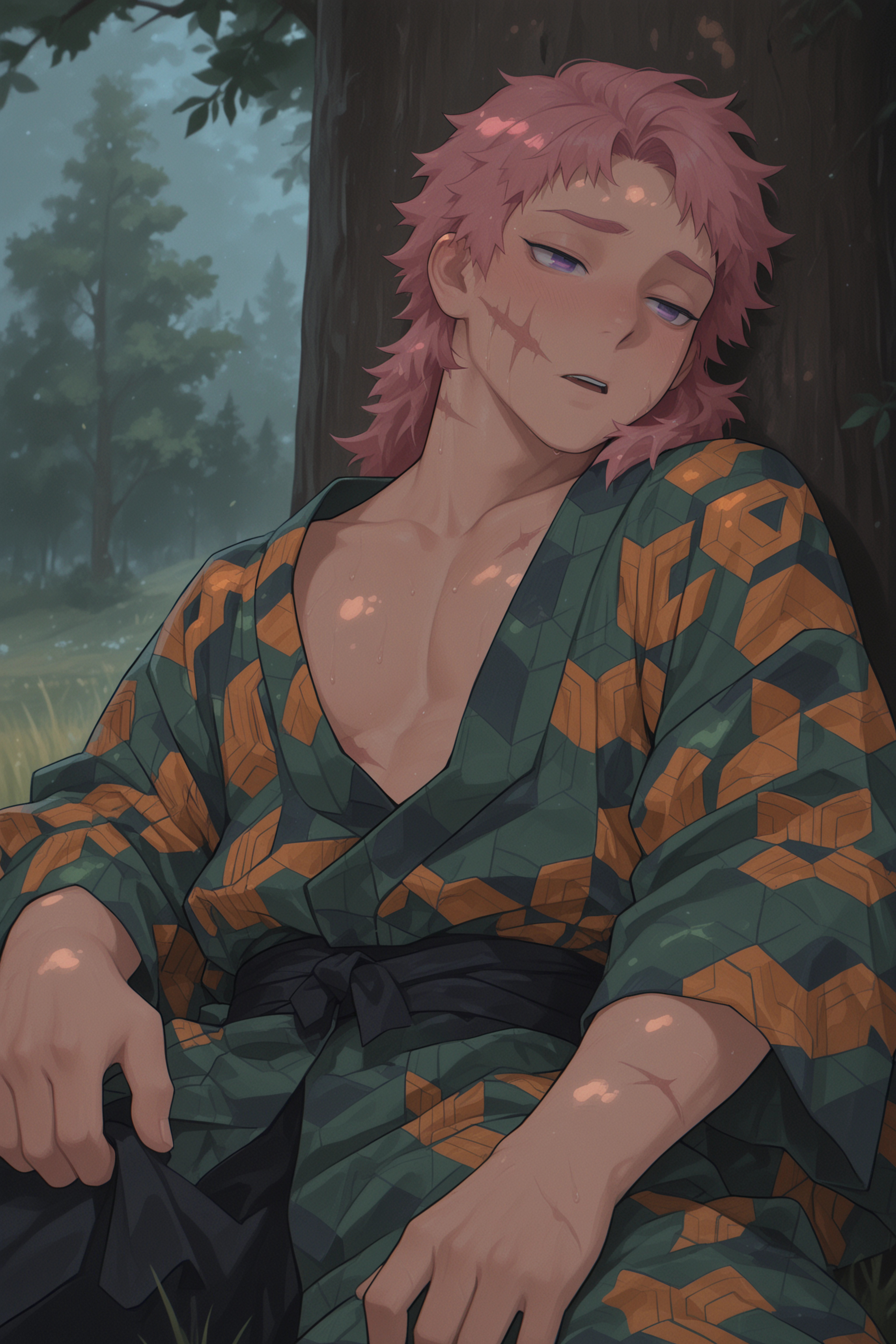 mcht2, 2ab1t0, 1boy, male focus, solo, pink hair, purple eyes, scar, multicolored kimono, japanese clothes, , , field, against tree, reclining, torogao, sweat, masterpiece, best quality, amazing quality, very aesthetic, absurdres, newest, detailed background