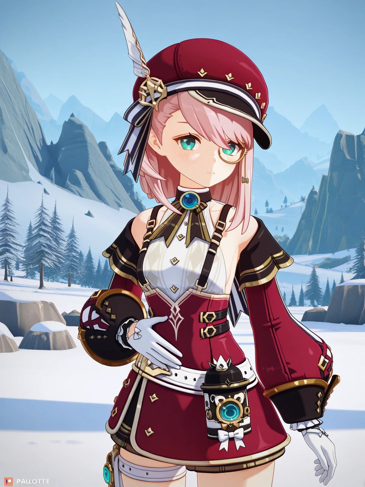 masterpiece, best quality, amazing quality,, <lora:genshin-charlotte-ingame-illustriousxl-lora-nochekaiser:1>, charlotte, charlotte (genshin impact), short hair, pink hair, medium hair, aqua eyes, mature female, small breasts, 3d, shirt, skirt, long sleeves, gloves, hat, jewelry, bare shoulders, white shirt, detached sleeves, puffy sleeves, belt, white gloves, thigh strap, sideboob, suspenders, gem, brooch, red headwear, vision (genshin impact), cabbie hat, hat feather, white belt, blue gemstone, monocle, red sleeves, puffy detached sleeves, blue brooch, hand on stomach, blush,, mountain, rock, height, snow, trees, cowboy shot, solo, looking at viewer,