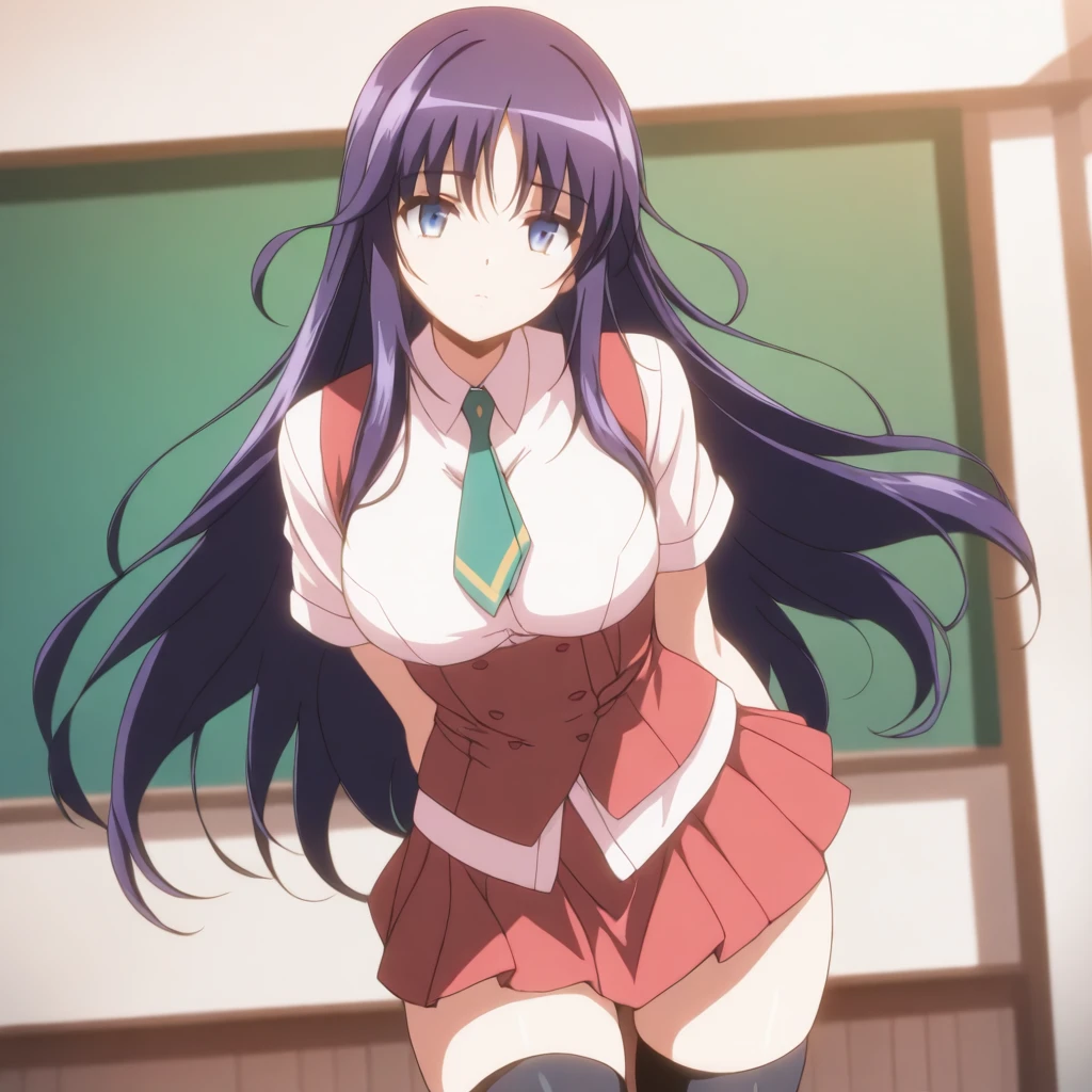 solo,anime coloring,looking at viewer,masterpiece,high score,great score,absurdres,cowboy_shot,<lora:ShizuruMinase ag4o:1> shizuruminase, purple hair, long hair, blue eyes,school uniform,necktie,red skirt,black thighhighs,