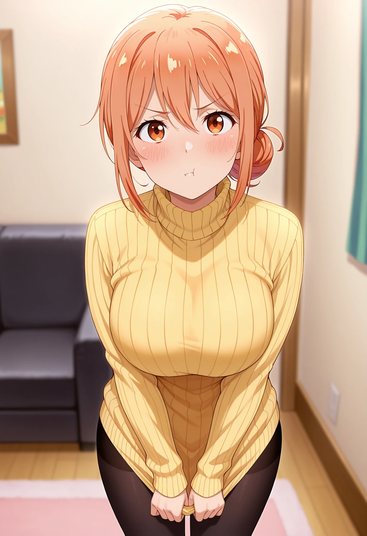 masterpiece, best quality,
1girl, solo, closed mouth, pout, blush,
yuigahama yui's mother, single hair bun, orange hair, orange eyes,
turtleneck sweater, ribbed sweater, yellow sweater, black pantyhose,
sweater tug, clothes tug,
standing, looking at viewer,
living room, indoors, blurry background
<lora:MegamiStyle_v0_3_IlluXL_Glora-000035:1>