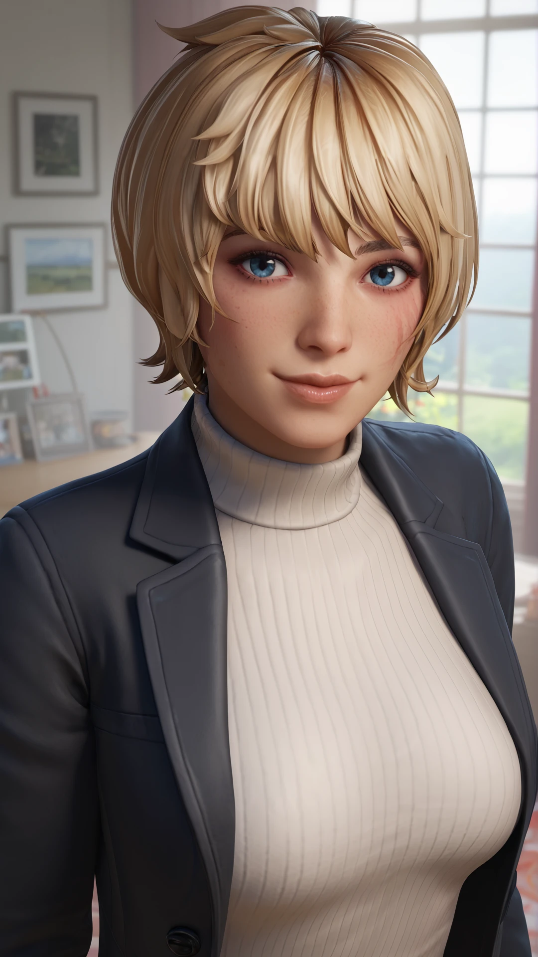 girl focus, depth of field,
post processing,
indoor, (modern house), empty room
looking at viewer, eyes at viewer, (portrait:1.5), (upper body focus:1.5)
1girl, lips, closed mouth, head lean, (flirty look at viewer), slight smile
white turtleneck sweater, black blazer, open blazer,
, scar on cheek, burn scar
bangs, blue eyes, short hair, blonde hair, apxwattsn