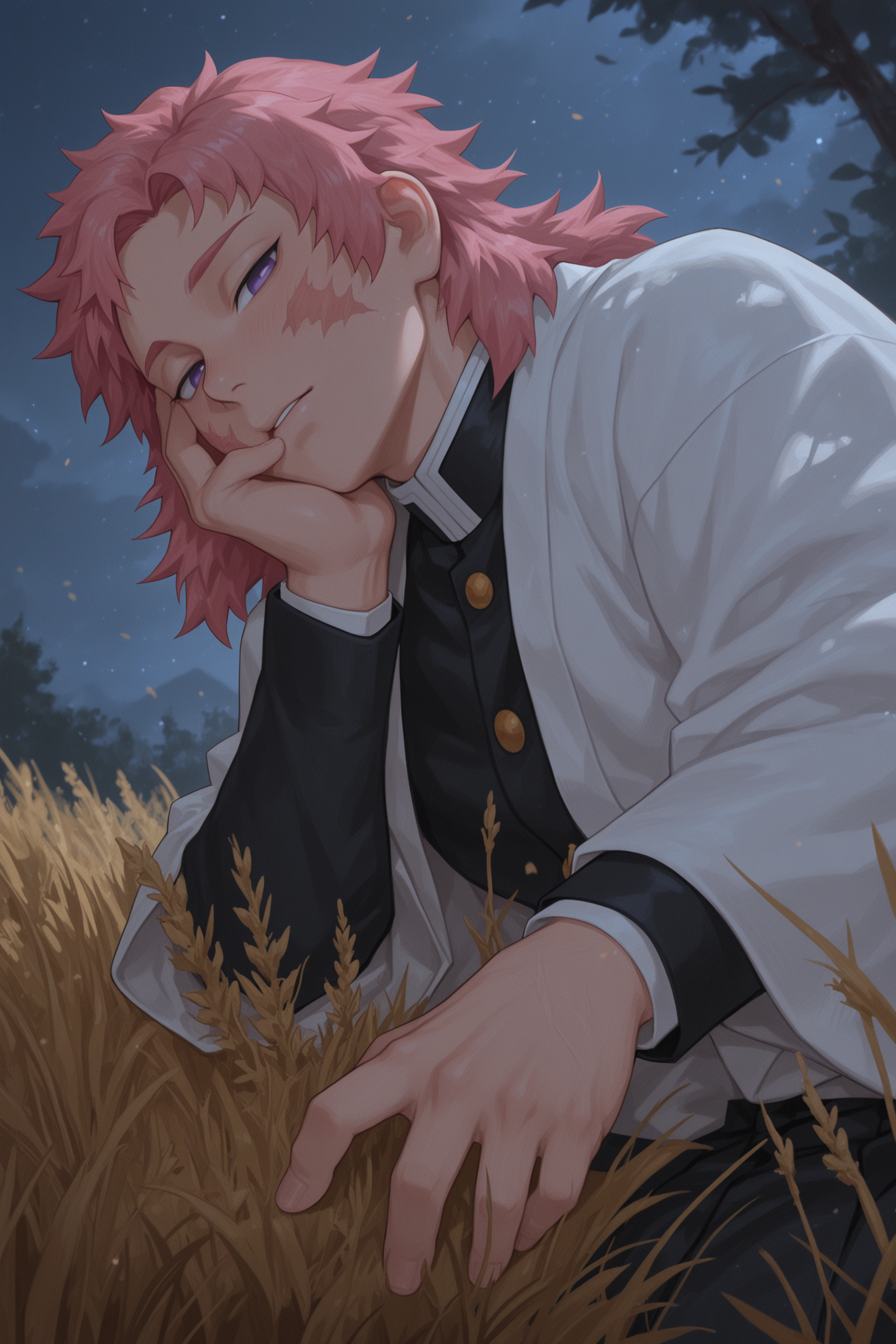 2ab1t0, 1boy, male focus, solo, pink hair, purple eyes, scar, demon slayer uniform, , field, masterpiece, best quality, amazing quality, very aesthetic, absurdres, newest, detailed background