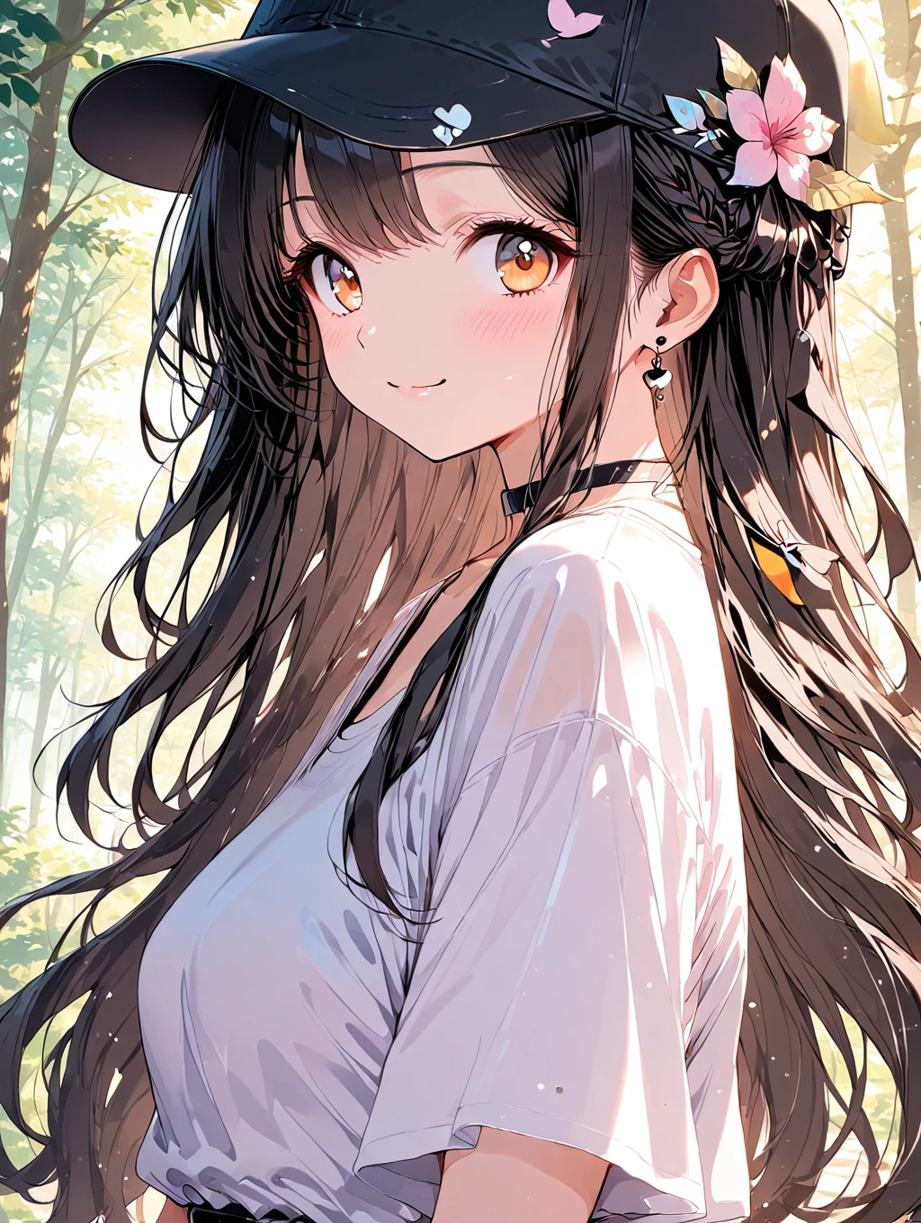 1girl,solo,long hair,hat,looking at viewer,off-shoulder shirt,shirt,braid,flower,off shoulder,outdoors,bare shoulders,black headwear,white shirt,upper body,earrings,day,baseball cap,jewelry,breasts,choker,ribbon,from side,hair ribbon,pink flower,short sleeves,closed mouth,bangs,black ribbon,sidelocks,medium breasts,floating hair,smile,tree,skirt,blush,orange eyes,french braid,leaf,black choker,branch,frills,black skirt,