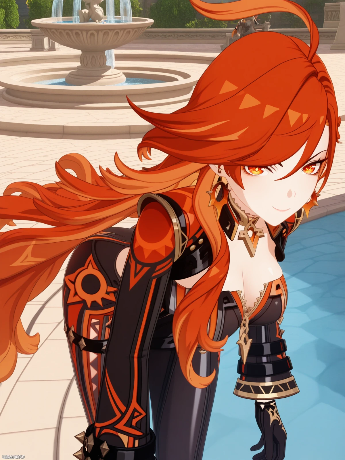 masterpiece, best quality, amazing quality,, <lora:genshin-mavuika-ingame-illustriousxl-lora-nochekaiser:1>, mavuika, mavuika (genshin impact), ahoge, long hair, orange eyes, orange hair, red hair, gradient hair, two-tone hair, very long hair, symbol in eye, mature female, breasts, 3d, choker, biker clothes, bikesuit, black bodysuit, black gloves, cleavage, earrings, gloves, jewelry, long sleeves,, bent over, smug,, fountain, water, spray, sculpture, garden, cowboy shot, solo, looking at viewer,