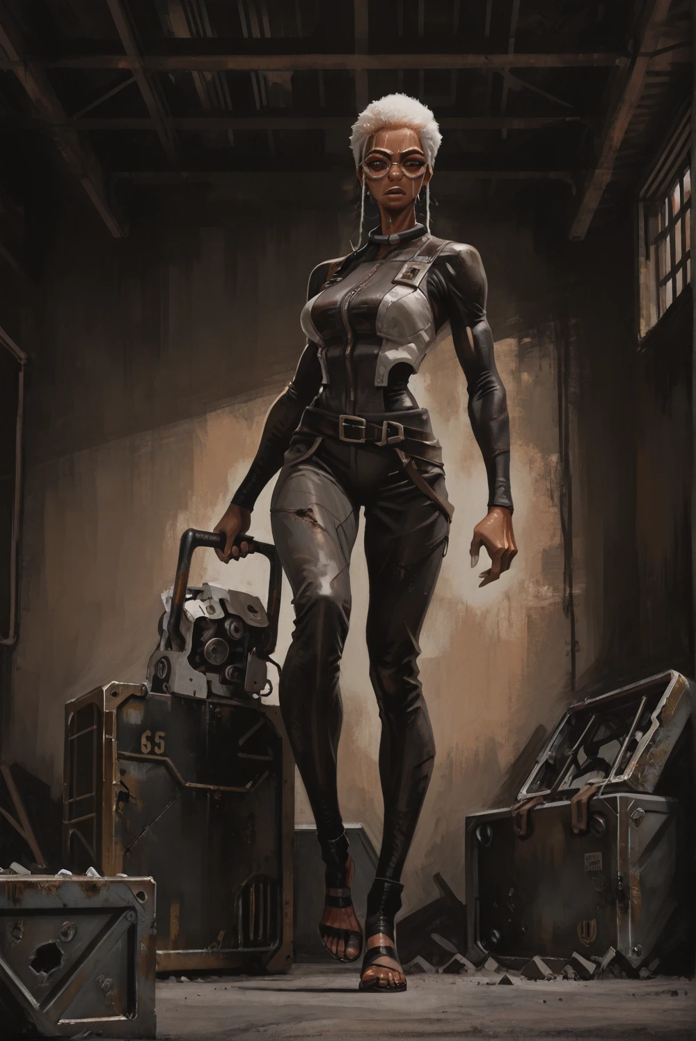 ,lazypos,  <lora:Semiu_Grier_from_Gachiakuta__Villys_LoRa-000006:1> glasses, manga-style, dark-skinned, Semiu Grier standing dominantly atop broken machinery, one foot on a metal crate, gripping her weapon tightly, fierce gaze, tight outfit emphasizing her athletic build, sweat glistening on her dark skin, white curls tousled by wind, cinematic lighting with deep shadows and highlights, muted post-apocalyptic color scheme, ultra-realistic anime style, 8K, flat color <lora:Dramatic Lighting Slider:1>