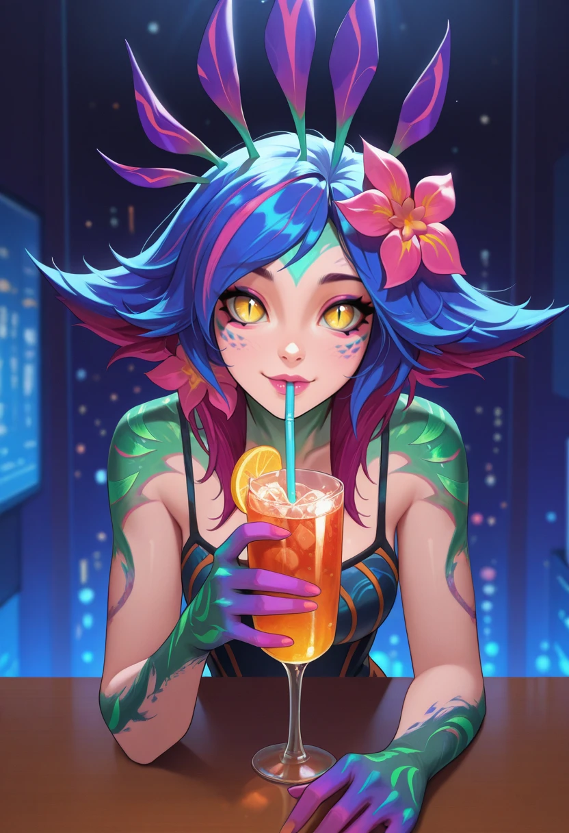 very awa, masterpiece, best quality, absurdres, newest, perfect quality, detailed background, intricate details
<lora:ILLOLNeeko:1>
LOLNeeko, 1girl, hair flower, hair ornament, blue hair, pink flower, yellow eyes, flipped hair, medium hair, multicolored hair, slit pupils, A dimly lit nightclub pulsing with techno beats, sipping a drink at the bar
