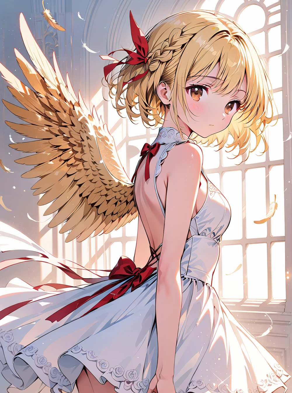 O,1girl,blonde hair,solo,dress,wings,looking at viewer,feathers,feathered wings,white dress,short hair,bare shoulders,bangs,breasts,sleeveless dress,sleeveless,braid,from side,ribbon,hair ribbon,closed mouth,looking to the side,brown eyes,backless dress,standing,bare arms,red ribbon,
