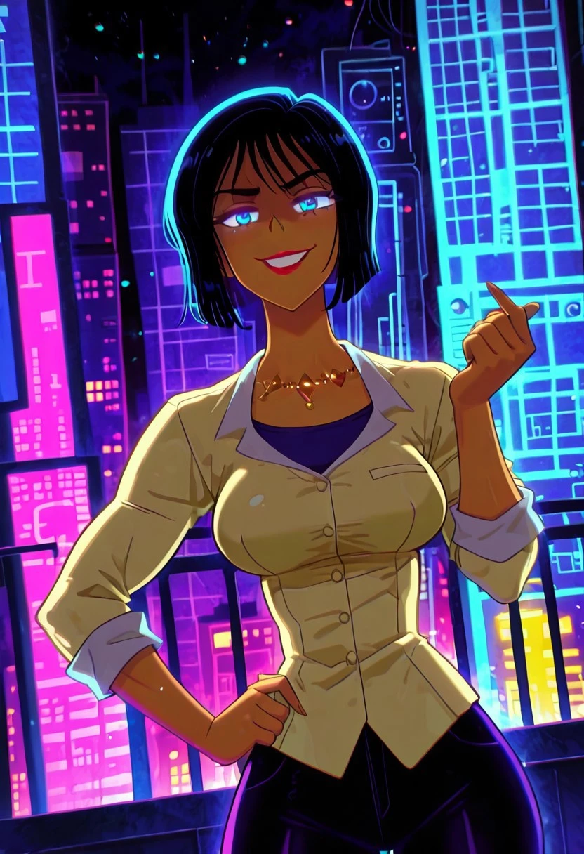 ParkerKovakPP, 1girl, solo, black hair, short hair, bangs, bob cut, blue eyes, nose, red lipstick, necklace, beige jacket, blue shirt, large breast, thick thighs, black pants, buttons, rolled-up sleeves, white collar,
masterpiece, best quality, fine details, intricate details, depth of field, subsurface scattering, bokeh, ultra-detailed, very aesthetic, detailed background, newest, scenery, highres, absurdres, colorful, vibrant, glowing, perfect face, 2d, perfect eyes, vibrant saturated colors, volumetric lighting, sharp, detailed eyes, perfect anatomy, perfect face, perfect eyes, mature body, clear eyes, beautiful eyes, athletic, curvy body, athletic girl, perky tits, perfect tits, round breasts, pinup pose, teasing, lustful expression, perfect hands,
muscular female, dutch angle, dynamic pose,
upper body, standing, contrapposto, hand on hip, beckoning, come hither, hand up, head tilt, chin up, taunting, glowing eyes, facing viewer, looking at viewer, glaring at viewer, arrogant, devilish, evil grin
,Smooth Negative, Smooth_Quality,
retro_celestial_scifi, retro artstyle