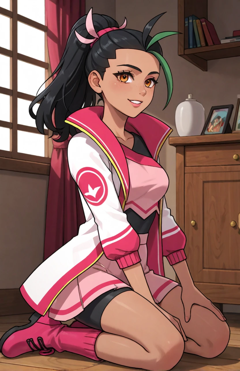 2d, masterpiece, best quality, amazing quality, highres, absurdres, newest, 1girl, solo, kneeling, seiza, from side, wooden floor, indoors, colorful, aged up, sygnemona, nemona \(pokemon\), orange eyes, black hair, green hair, streaked hair, ponytail, dark-skinned female, hair ornament, hair scrunchie, bodysuit under clothes, black bodysuit, pink crop top, open jacket, multicolored jacket, white jacket, pleated skirt, pink skirt, bike shorts, black shorts, shorts under skirt, bare legs, single glove, fingerless gloves, red gloves, ankle boots, pink footwear patch,score_9,score_8_up,score_7_up,score_6_up,score_5_up,score_4_up,source_anime, aged up, mature female