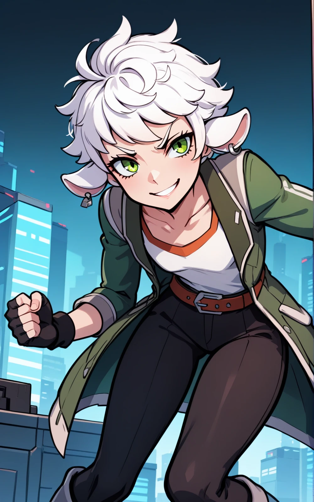 best quality, absurdres,<lora:BolivanteStyleITS:0.8>, <lora:FTRITS:1>, FTRITS, grey footwear, boots, knee boots, black pants, pants, fingerless gloves, belt, black gloves, gloves, shirt, , green jacket, jacket, long sleeves, green coat, jewelry, earrings, coat, short hair, animal ears, green eyes, white hair, slim, angry, action pose, smile, outside, sci-fi,solo, city, fighting stance