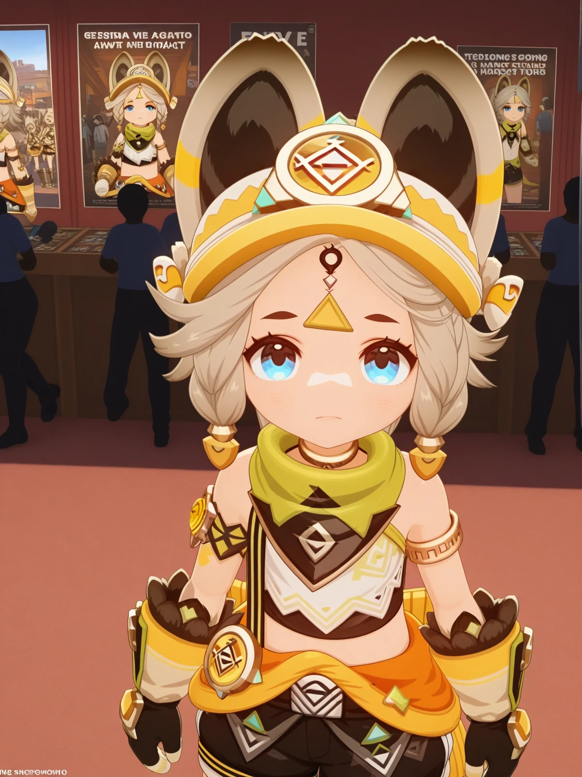 masterpiece, best quality, amazing quality,, <lora:genshin-kachina-ingame-illustriousxl-lora-nochekaiser:1>, kachina, kachina (geshin impact), short hair, blue eyes, blonde hair, animal ears, grey hair, braid, twin braids, facial mark, 3d, gloves, shorts, black gloves, belt, black shorts, shirt, scarf, green scarf, bare shoulders, armlet,, from above,, convention, crowd, booths, posters, event, cowboy shot, solo, looking at viewer,