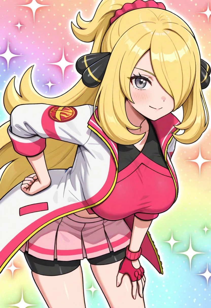 hinosaki, [[pokemoa, gonzarez]], 2d, masterpiece, best quality, amazing quality, 1girl, solo, close-up, standing, smile, upper body, leaning_forward, looking at viewer, multicolored background, sparkle, rainbow background, colorful background, masterpiece, best quality, amazing quality, highres, absurdres, newest, bodysuit under clothes, bodysuit, pink crop top, open jacket, multicolored jacket, white jacket, pleated skirt, pink skirt, bike shorts, black shorts, shorts under skirt, bare legs, single glove, fingerless gloves, red gloves, [[cynthia \(pokemon\)]], grey eyes, blonde hair, long hair, hair over one eye, mature female, hair ornament, hair scrunchie