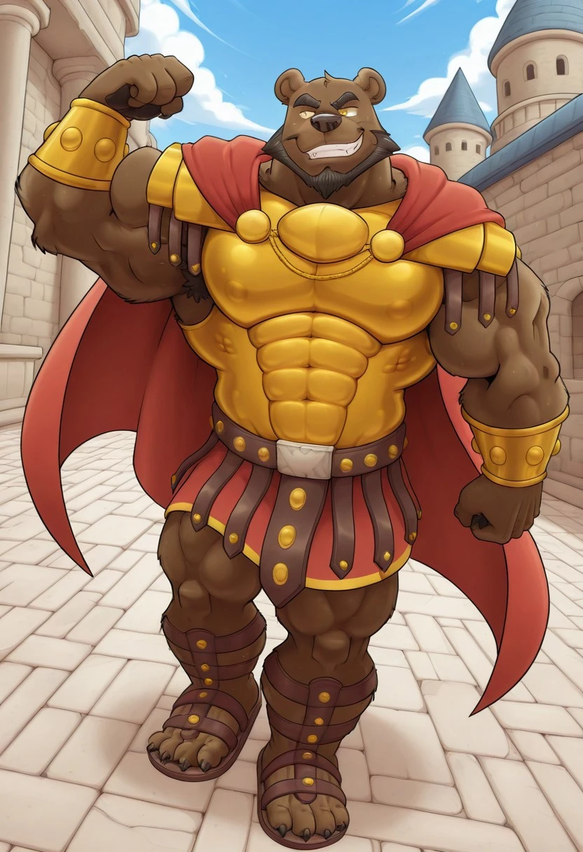 N3r0 (rubberbuns), solo, furry, bear boy, short tail, yellow eyes, grin, muscular, masculine, mature male, bara, large pectorals, dynamic angle, greco-roman clothes, gold breastplate, red cape, gold bracer, sandals, flexing, bicep, vein, looking to the side, unparalleled masterpiece, high resolution, amazing quality, very aesthetic, extremely-detailed, beautiful, detailed background, castle, newest