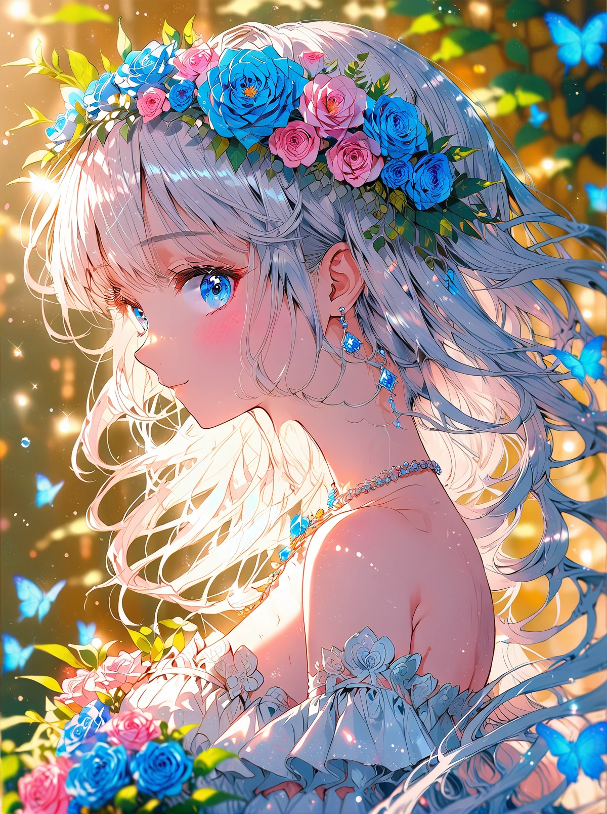 O,1girl, solo, flower, jewelry, blue eyes, blue flower, hair ornament, earrings, dress, hair flower, looking at viewer, long hair, bare shoulders, rose, upper body, white dress, necklace, from side, bouquet, bangs, blush, white hair, breasts, pink flower, blurry, holding, head wreath, blue rose, closed mouth, gem, detached sleeves, holding bouquet, medium breasts, floating hair, depth of field, pink rose, strapless dress, smile, light particles, blue gemstone, blurry background, white flower, strapless
