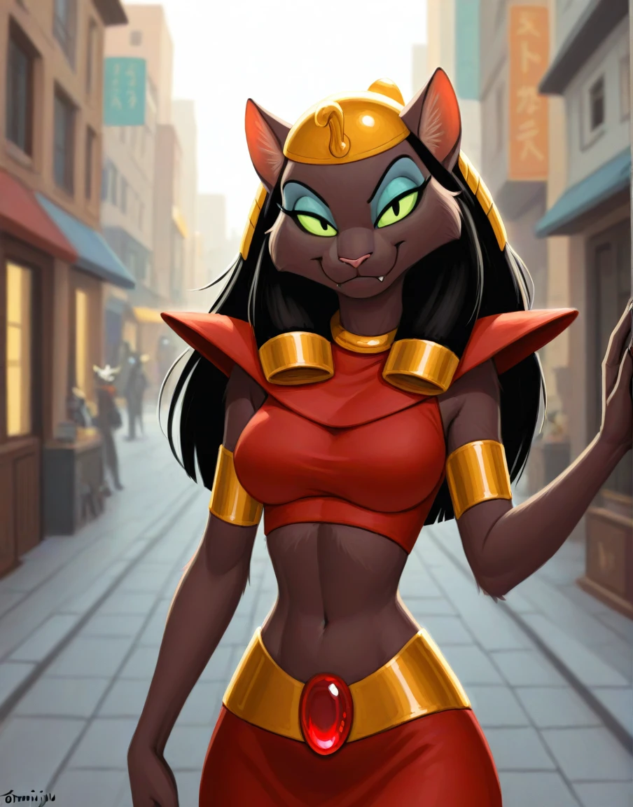 masterpiece, best quality, high resolution, warm lighting, solo, city street, day,
mirage, female, anthro, cat, brown fur, green sclera, eyeshadow, black hair, gold headwear, red topwear, pauldron, red skirt, gold waistband, red jewel, bedroom eyes, looking at viewer,
by Taranima,by smiju,by Blackfox85, <lora:MirageXL_045-Illus-nd32-na32-lr1-b2-ep08:1>