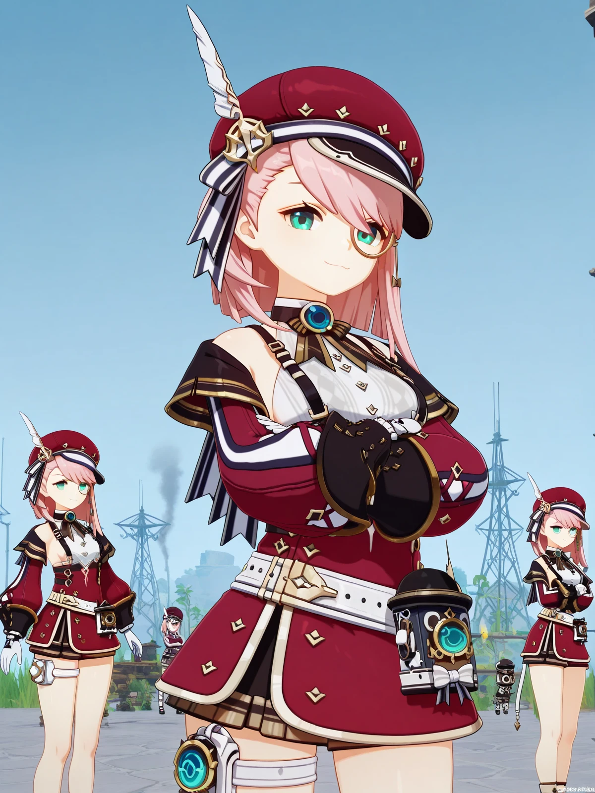 masterpiece, best quality, amazing quality,, <lora:genshin-charlotte-ingame-illustriousxl-lora-nochekaiser:1>, charlotte, charlotte (genshin impact), short hair, pink hair, medium hair, aqua eyes, mature female, small breasts, 3d, shirt, skirt, long sleeves, gloves, hat, jewelry, bare shoulders, white shirt, detached sleeves, puffy sleeves, belt, white gloves, thigh strap, sideboob, suspenders, gem, brooch, red headwear, vision (genshin impact), cabbie hat, hat feather, white belt, blue gemstone, monocle, red sleeves, puffy detached sleeves, blue brooch, crossed arms, smug, power plant, machinery, smoke, energy, workers, cowboy shot, solo, looking at viewer,